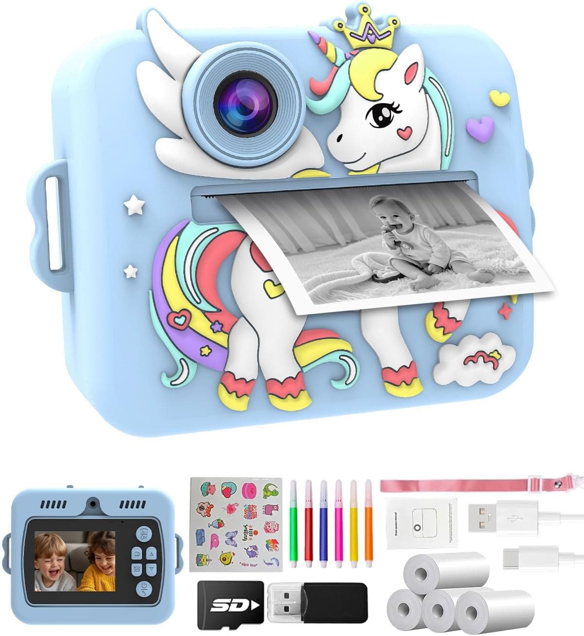 Cámara Instantánea para Niños Unicornio, Cámara Digital Infantil con Impresión Inmediata y 4 Rollos, Juegos Creativos y Tarjeta 32GB, Regalo Niñas 3-12 Años