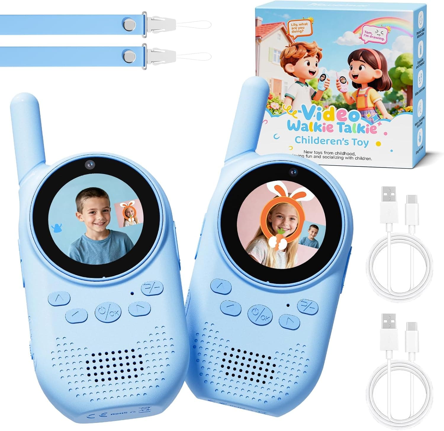 Video Walkie Talkie Niños, Walkie Talkie Recargable De Largo Alcance con Cámara HD, Cambiador De Voz Y Videollamada, Regalo para Niños de 3 a 12 Años (Azul/Azul)