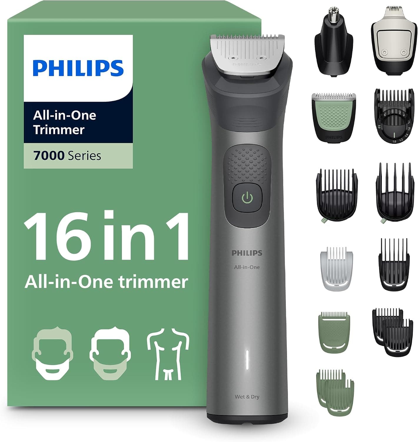 Philips Recortadora todo en uno de 16 en 1 Serie 7000 - Afeitadora y cortapelos hombre para rostro, cabeza y cuerpo, cuchillas de acero autoafilables, 21 longitudes, recargable, MG7931/15