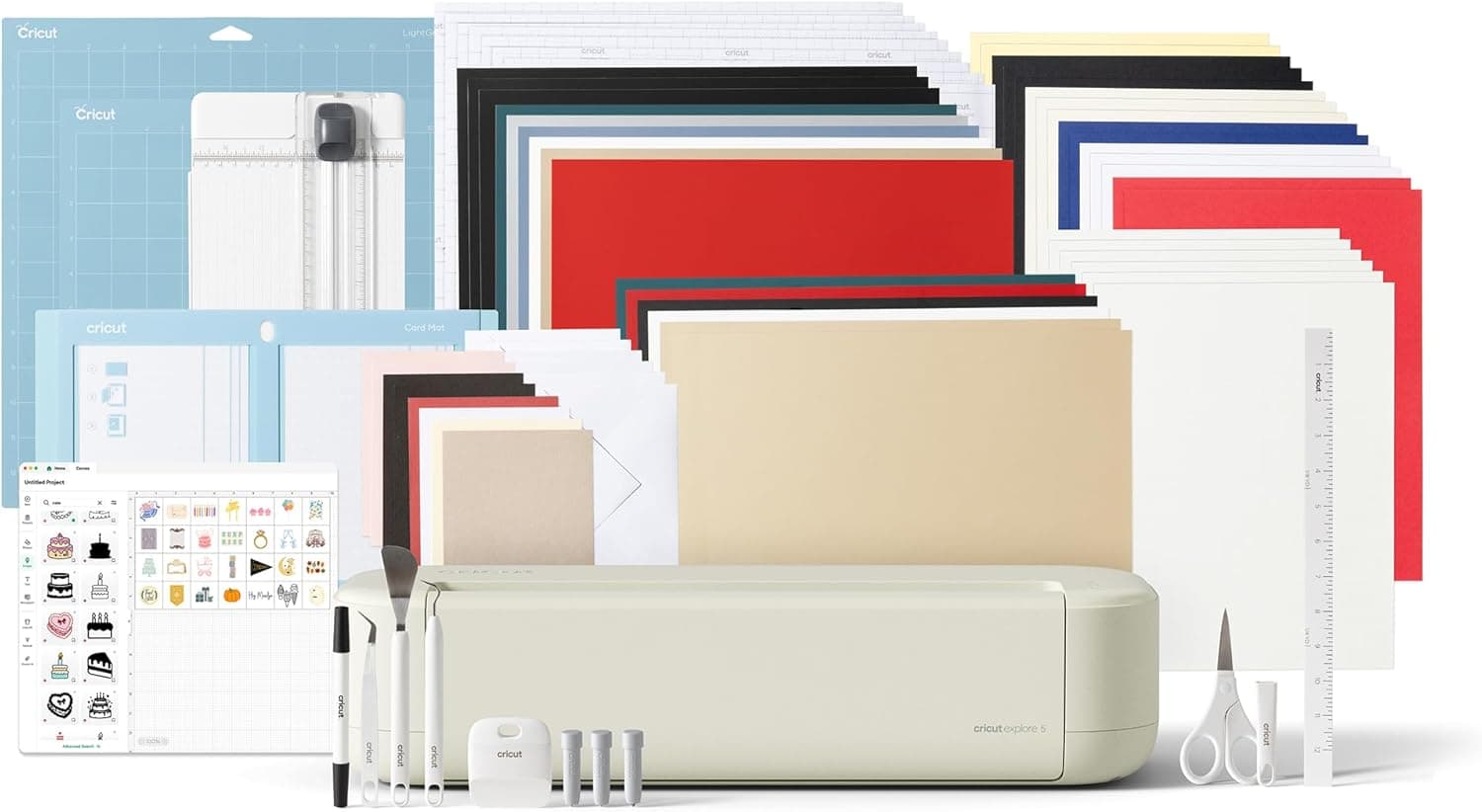 Pack Cricut Explore® 5 Deluxe con Bonus contenido digital adicional: máquina de corte de vinilo y materiales como tela, cuero y otros; cree pegatinas, tarjetas y adhesivos.