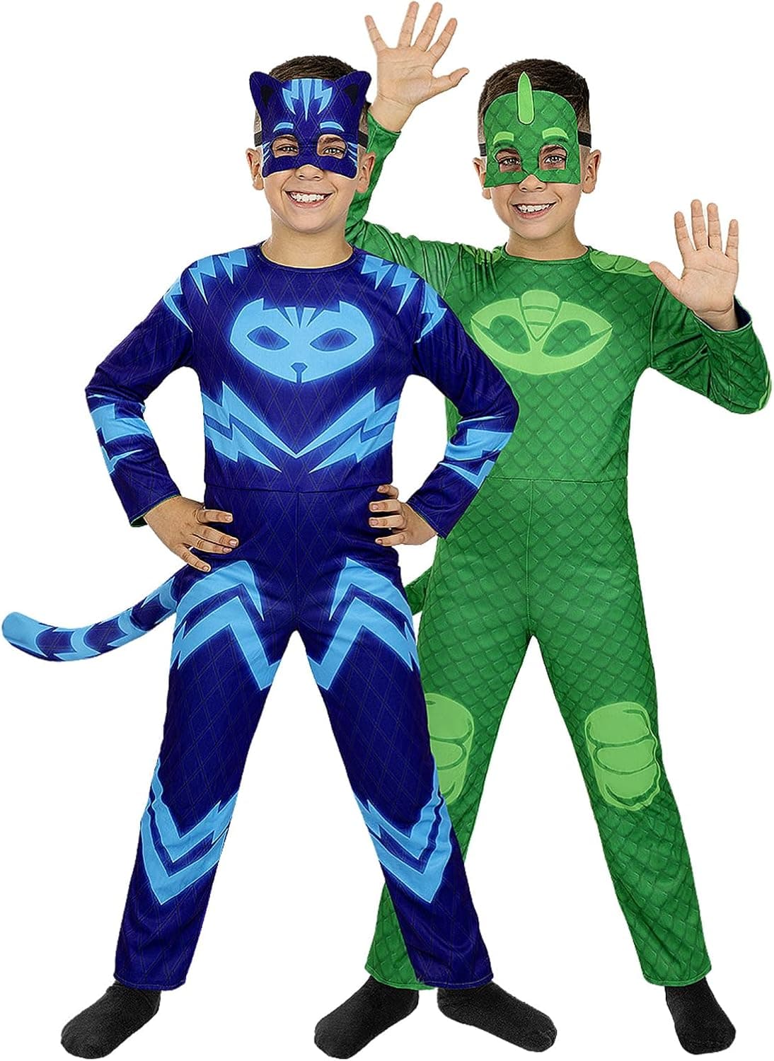 Funidelia Disfraz Oficial de Gatuno y Gekko reversible - Pj Masks para niño, Incluye mono, dos antifaces y dos colas, Gatuno - Traje para niños para fiestas, Carnaval y Halloween, Talla 7-9 años