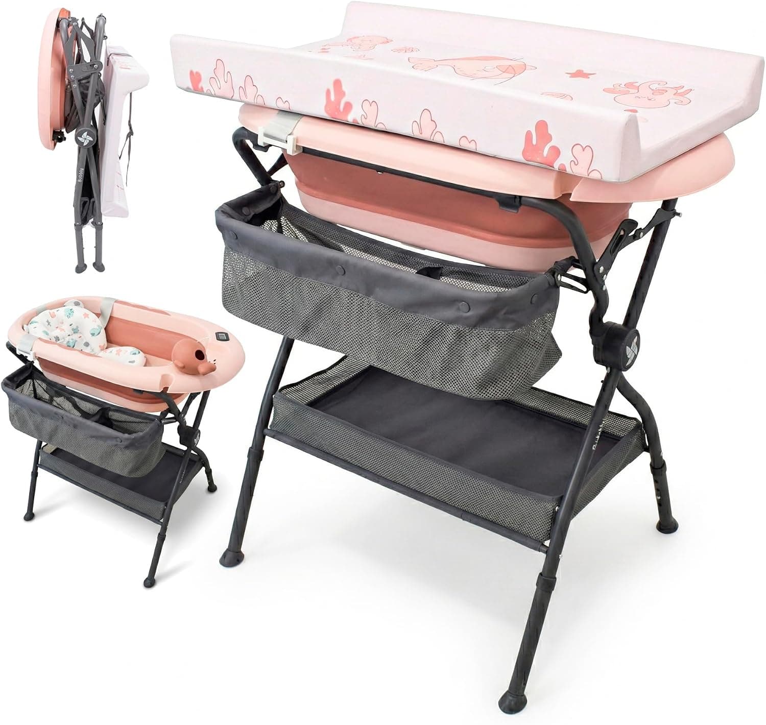 Twinly Bubbly Bañera Cambiador Plegable para Bebé 2 en 1 Ergonómica, Rosa