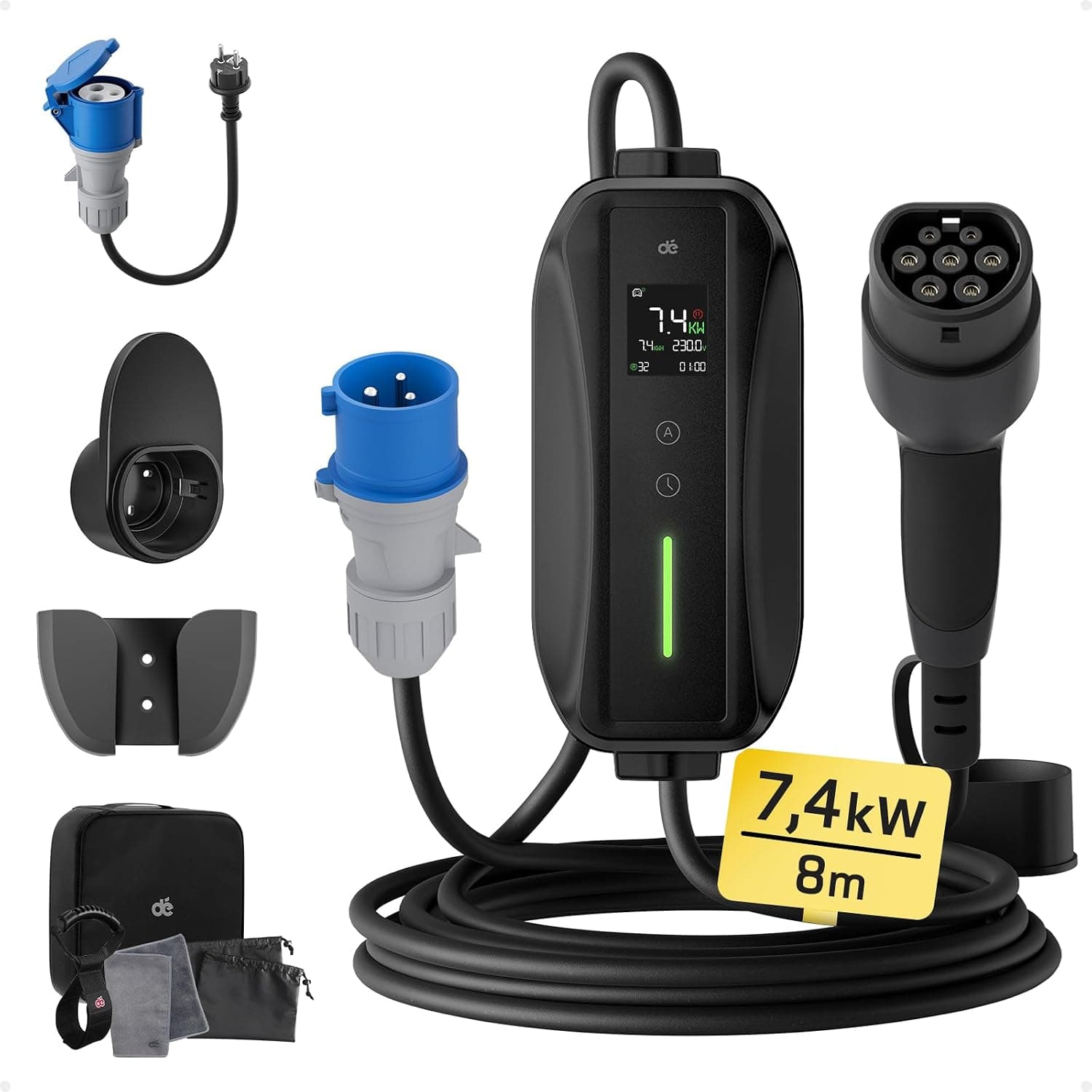 dé Cargador Coche Eléctrico 7,4kW, 32A[8m, 6-32A] con Potencia de Carga Ajustable, Estación de Carga para Model 3/Y, 500e, Spring y Otros EV/PHEV