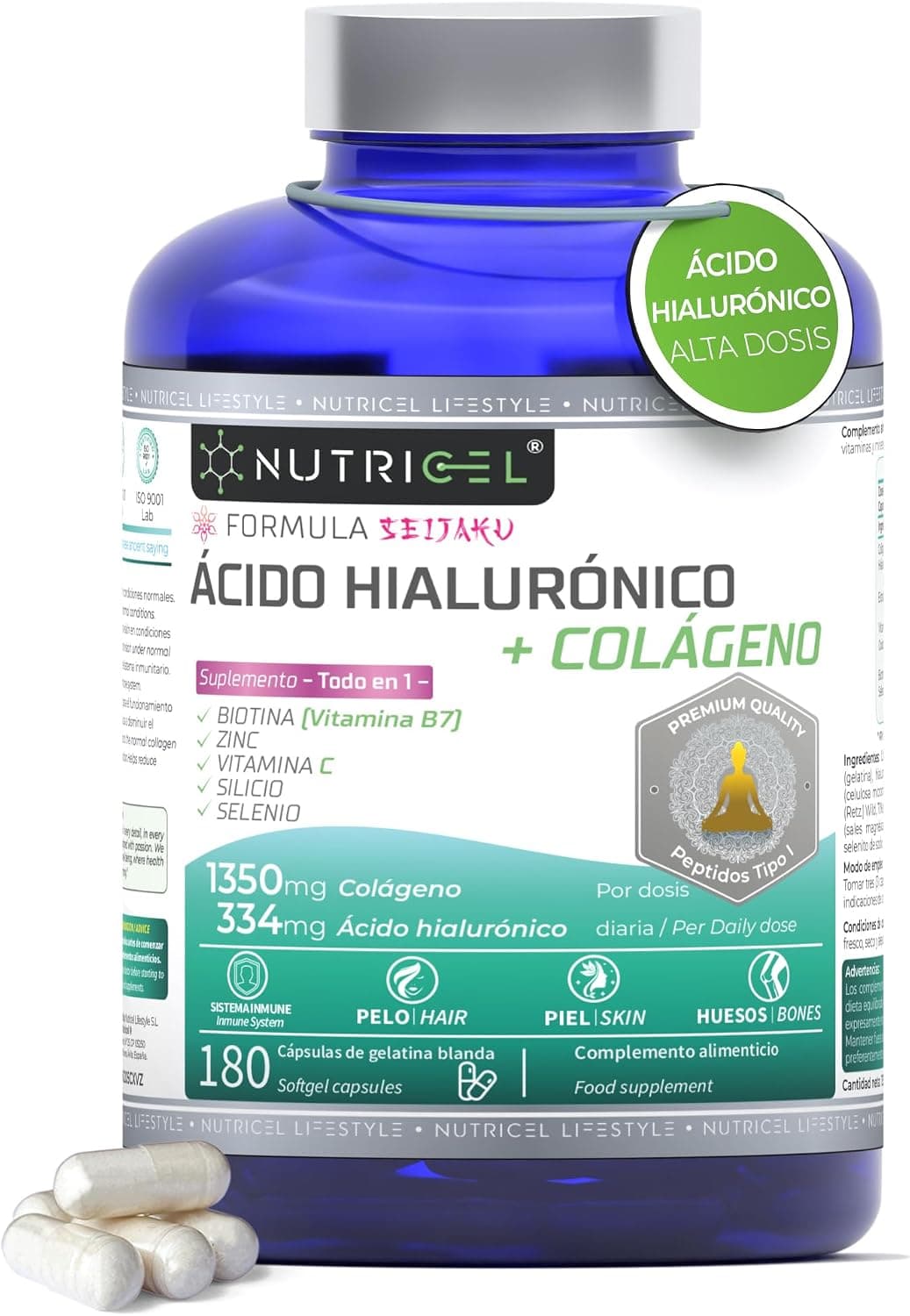 Colágeno hidrolizado puro + Ácido hialurónico – 180 cápsulas – enriquecido con biotina, selenio, zinc, extracto de bambú y vitamina C natural – colageno – dosis alta de 1350mg (3 meses)