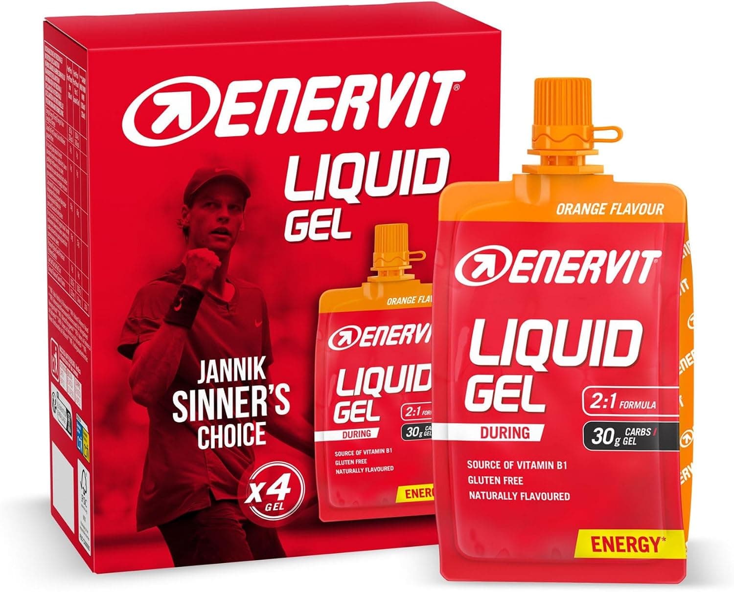 Enervit, Gel Sabor Naranja, Ideal para Deportes de Resistencia, Proporciona 30 Gramos de Carbohidratos, con Maltodextrina, Fructosa y Vitamina B1, 4 Unidades de 60 ml