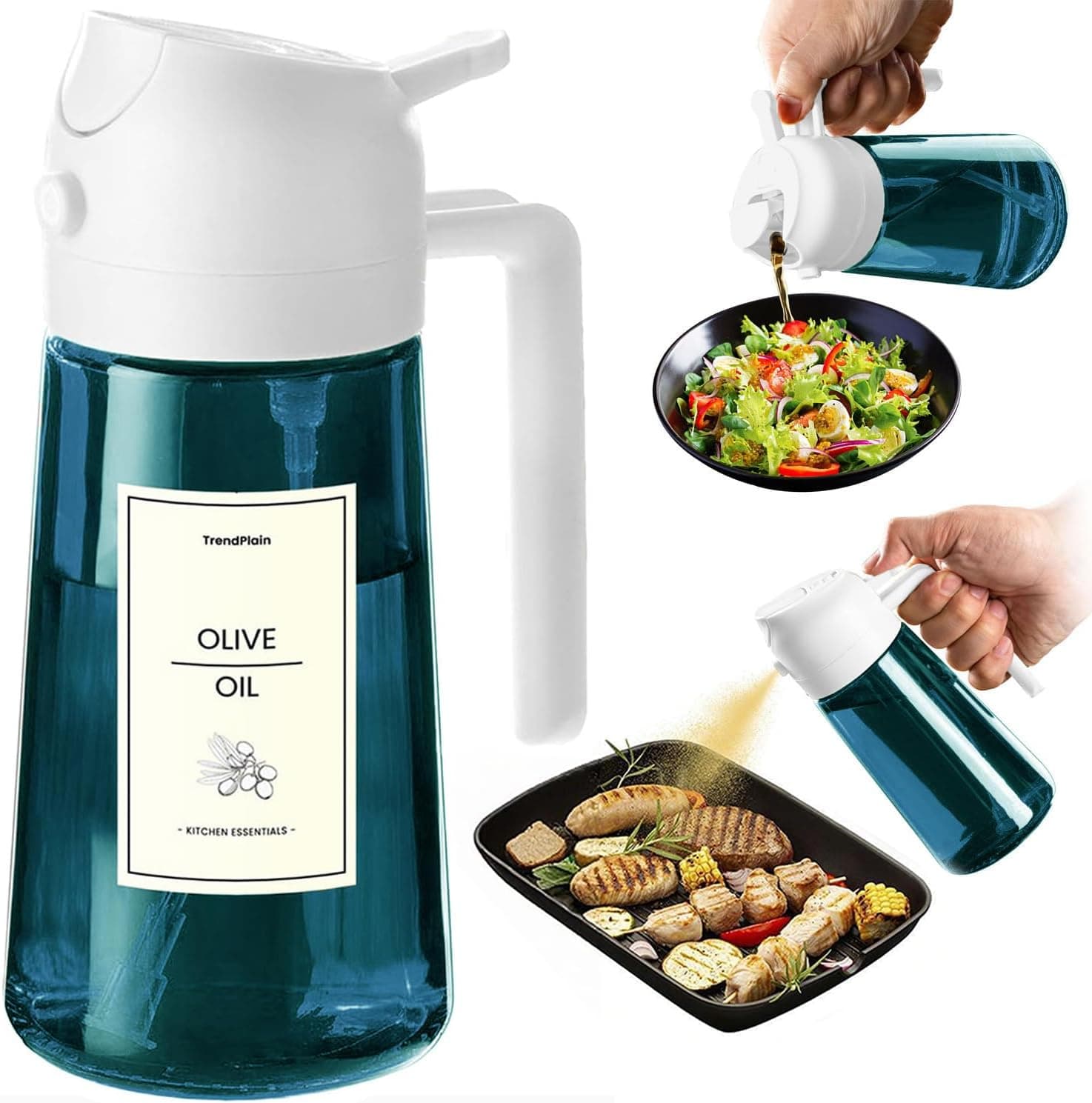 TrendPlain Pulverizador Aceite Spray 470ml - 2 en 1 Spray Aceite Cocina, Dispensadora para Freidora de Aire, Ensaladas, Vinagre y Accesorios Cocina (1 unidad, Blanco)