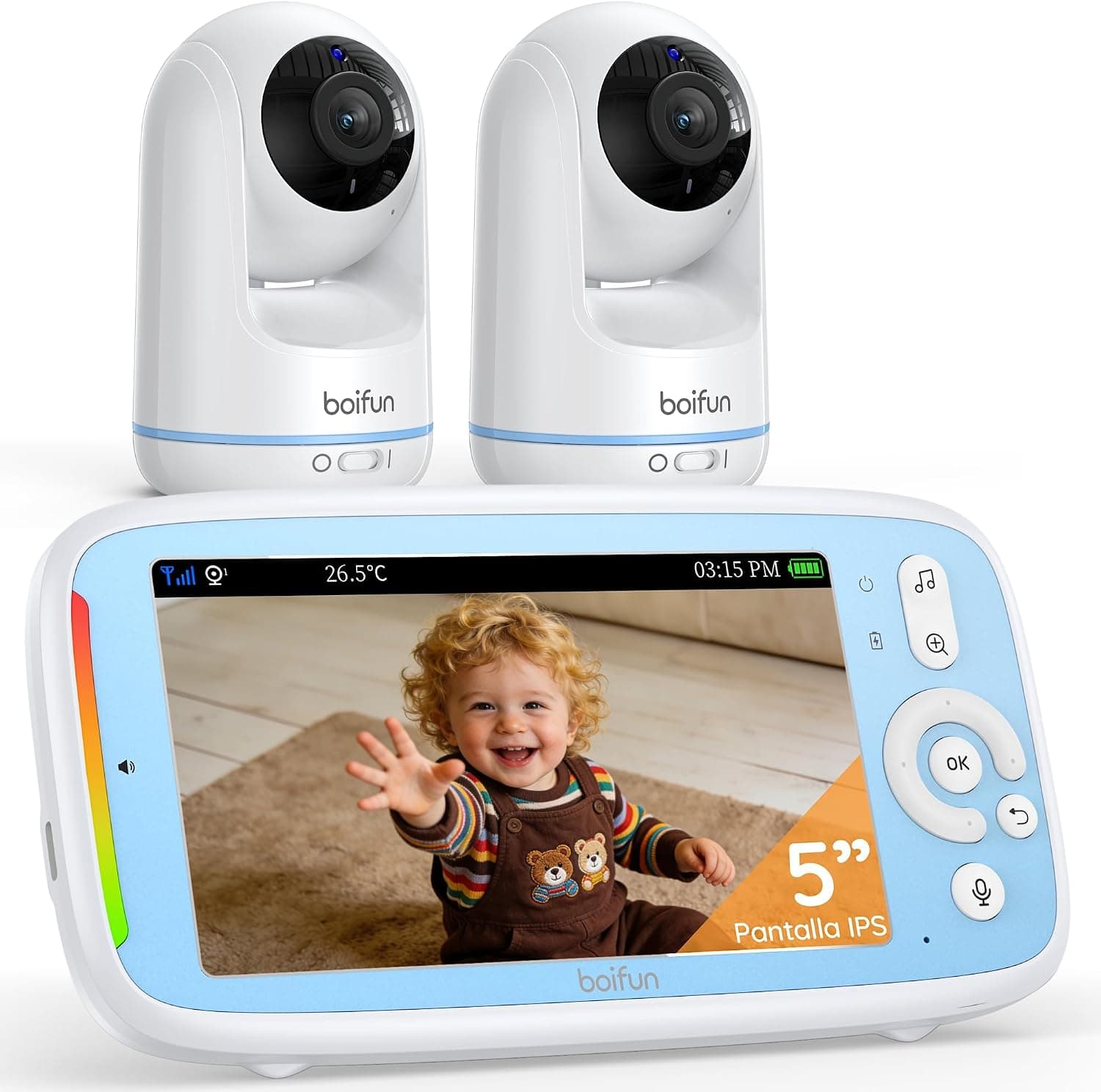 BOIFUN 5" Camara Vigilancia Bebe con 2 Camaras, Sin WiFi, Rotación 360°