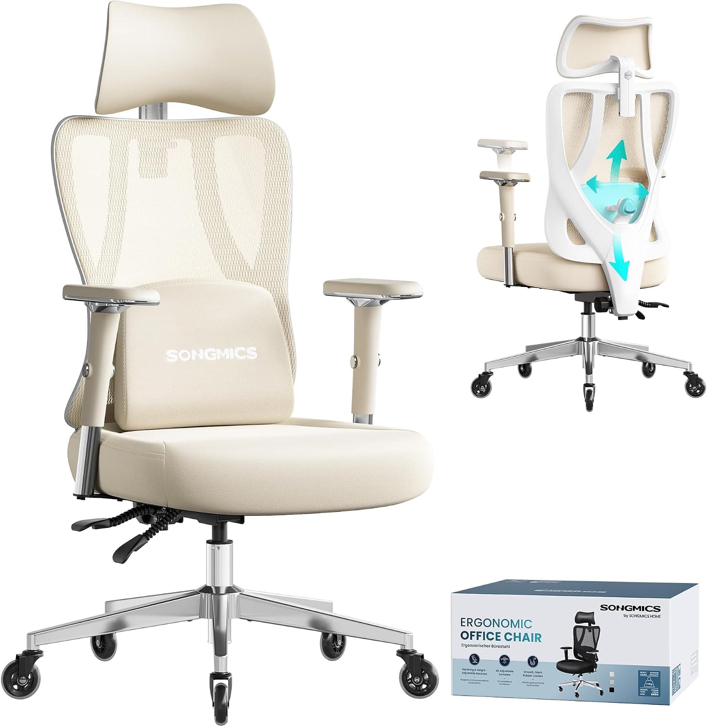 SONGMICS Silla de Oficina Ergonómica, Soporte Lumbar, Carga 150 kg