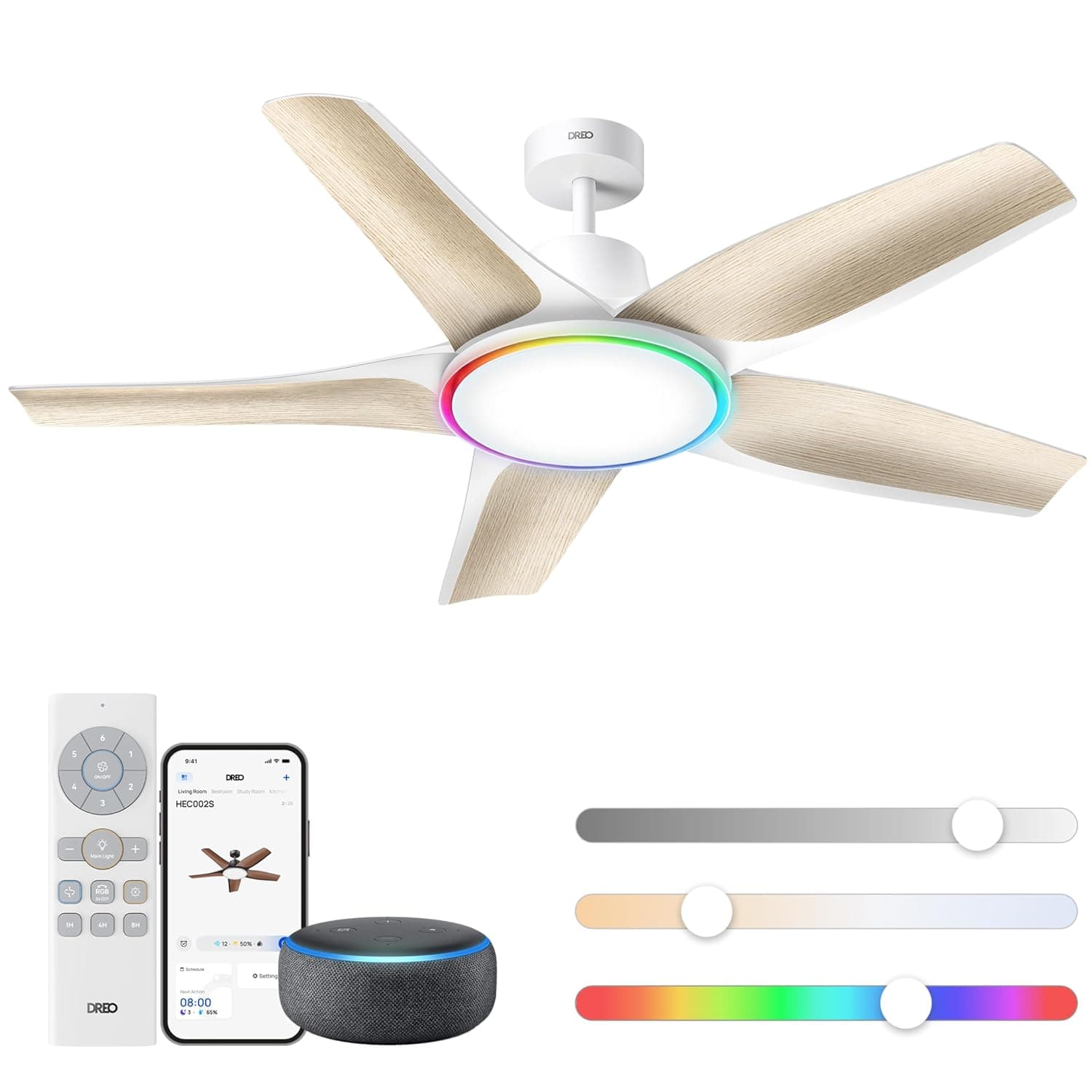 Dreo ventilador de techo inteligente de perfil bajo con luz 132 cm, LED regulable con temperatura de color ajustable, iluminación ambiental RGB, motor CC silencioso, instalación fácil, APP, blanco