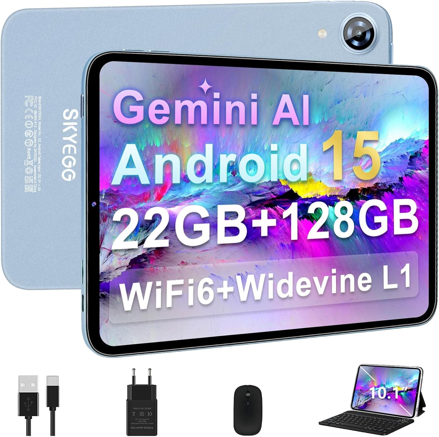 Tablet 10 Pulgadas Android 15 con Gemini AI, con Teclado y Ratón, 22GB RAM + 128GB ROM (Ampliable 2TB), WiFi 6, Widevine L1, 6000mAh, Cuerpo Metálico, Estudio, Trabajo y Entretenimiento – Verde Claro