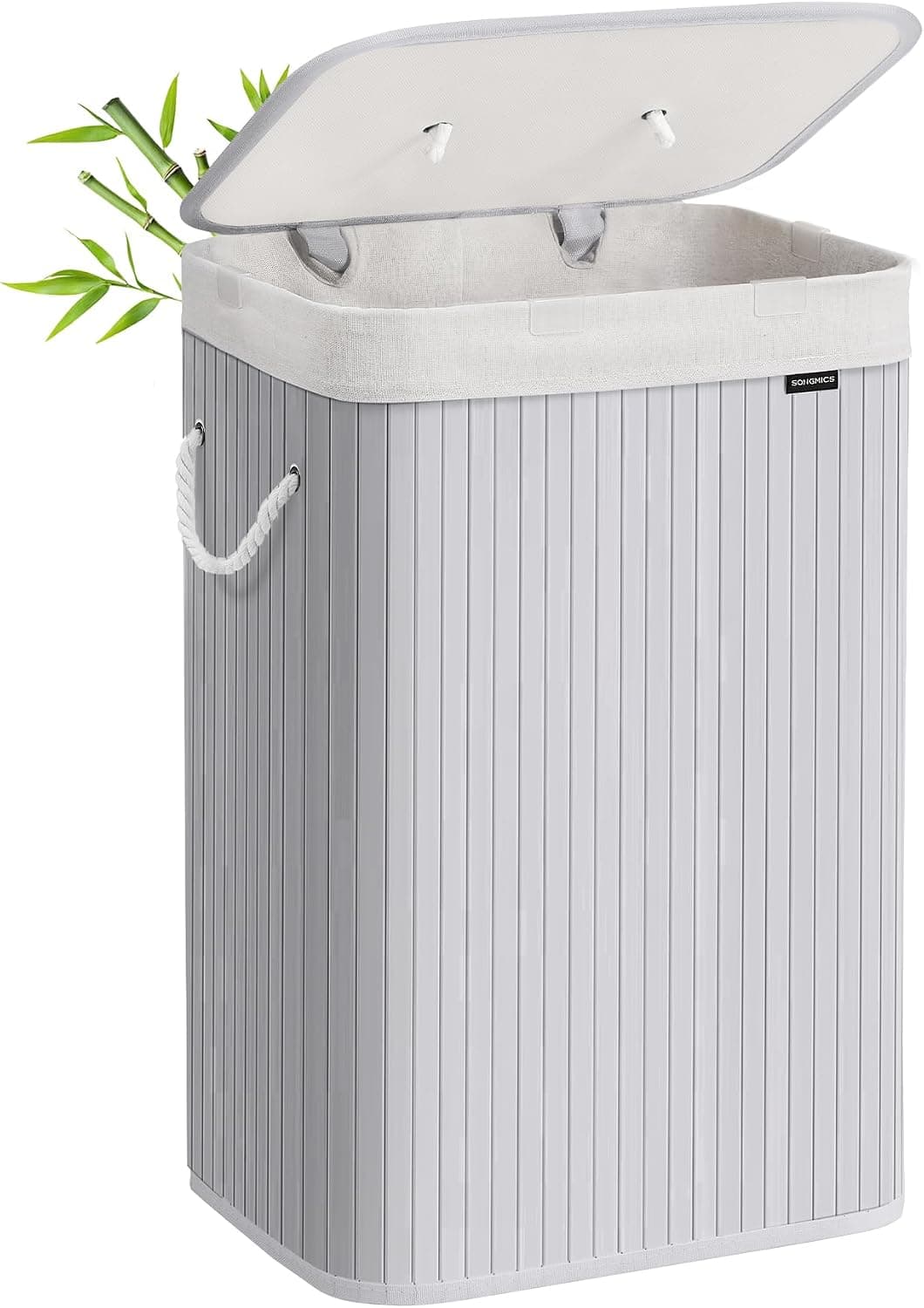 SONGMICS Cesto de la Ropa Sucia con Tapa, 72 L, Cesta de Lavandería de Bambú, Plegable, con Bolsa Lavable Extraíble, Asas, para Lavandería, Dormitorio, Gris LCB010G01