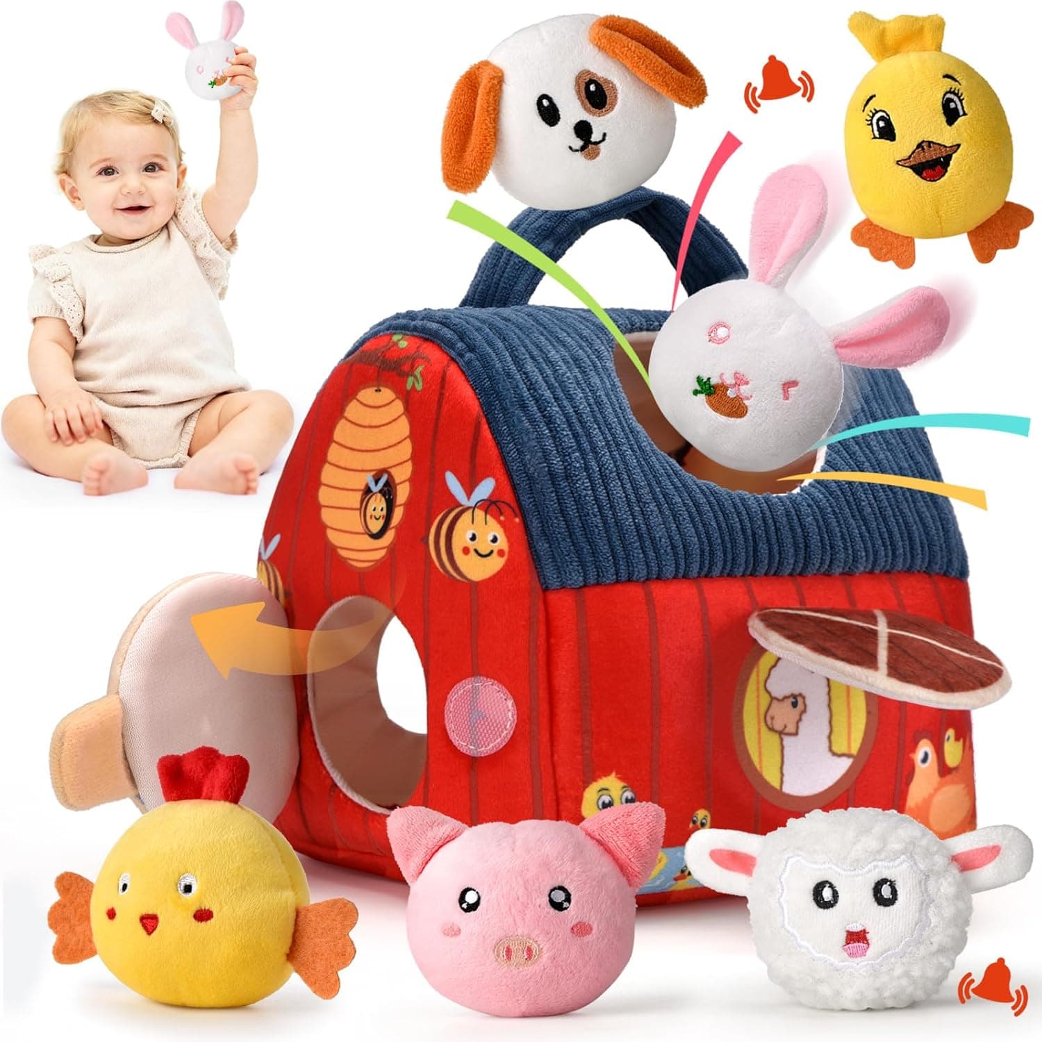 VORENUS Juguete Montessori para Bebés 6-12 Meses, Set de Granja Blanda con 6 Animales - Juguete Sensorial con Granero,Sonajas, Arrugas, Espejo, Juegos Educativos y de Motricidad Niños