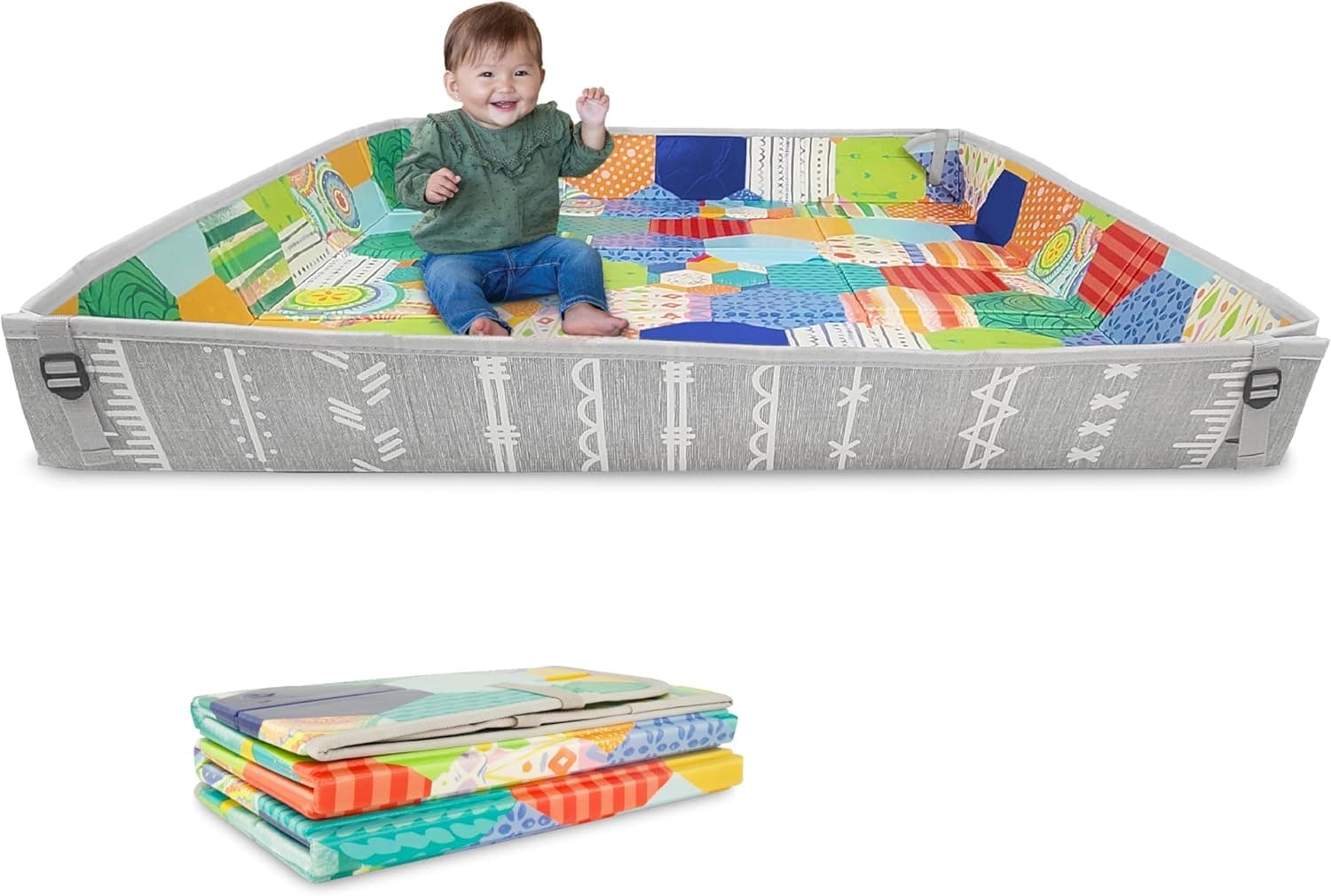 Infantino Alfombra Plegable de Espuma Suave, Tamaño Grande, Fácil de Transportar, Laterales Abatibles, Alfombra Antideslizante para Bebés y Niños Pequeños, Multicolor