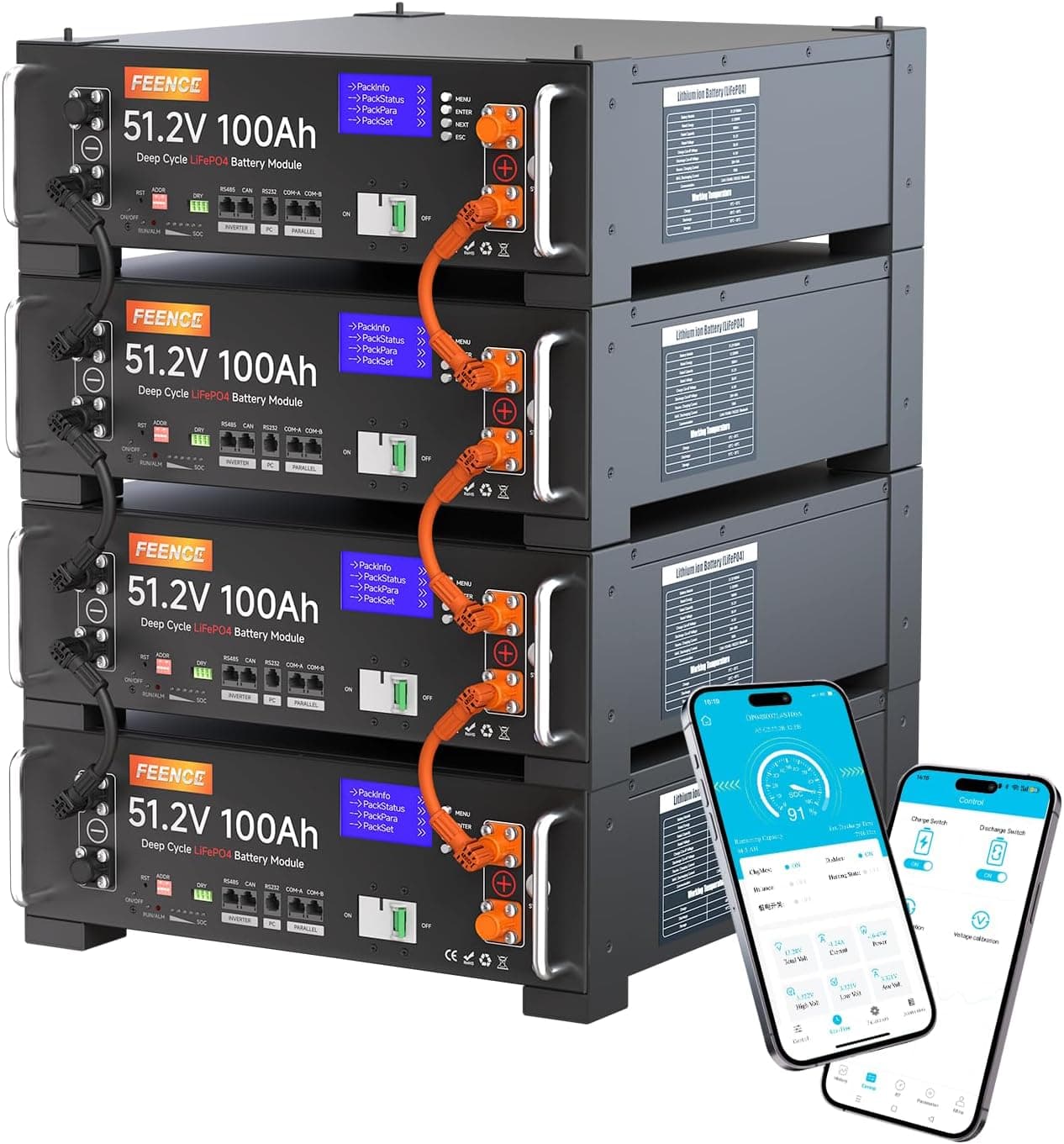 Batería LiFePO4 400 Ah 48 V 400 Ah Bluetooth 100 A BMS RS485/CAN Capacidad RS485/CAN 20,48 kWh, Ideal para almacenar energía Solar independientemente de la Red