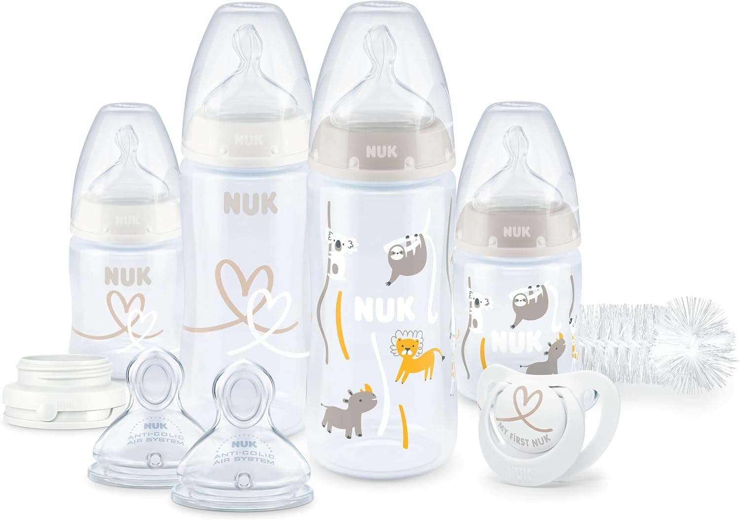 NUK Perfect Start First Choice+ Juego de biberones | 0-6 meses | 4 botellas de control de temperatura, maniquí, cepillo de botella y más | Sin BPA | Safari | 10 unidades