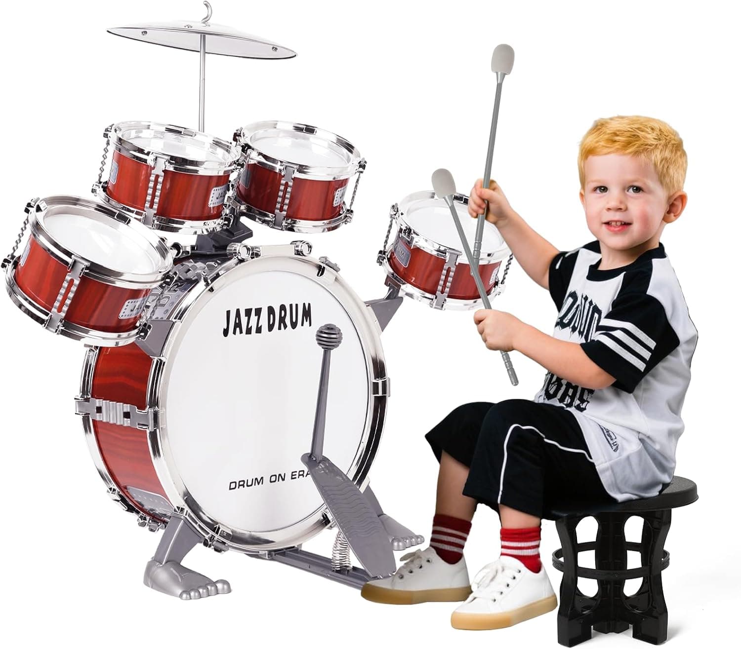 m zimoon Batería Infantil, Set Musical con 5 Tambores y Taburete