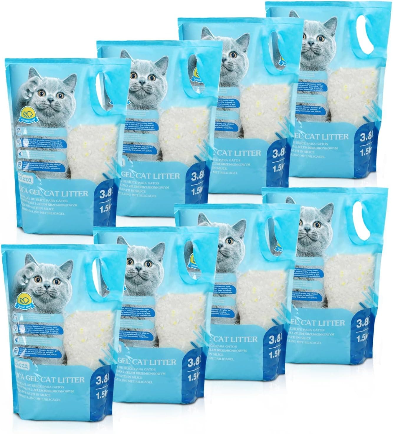 Nobleza - Arena para Gatos de sílice Camada para Gatitos de Gel de Diamante 8 X 3.8L Absorbente， Cómodo Biodegradable Sabor a Limon