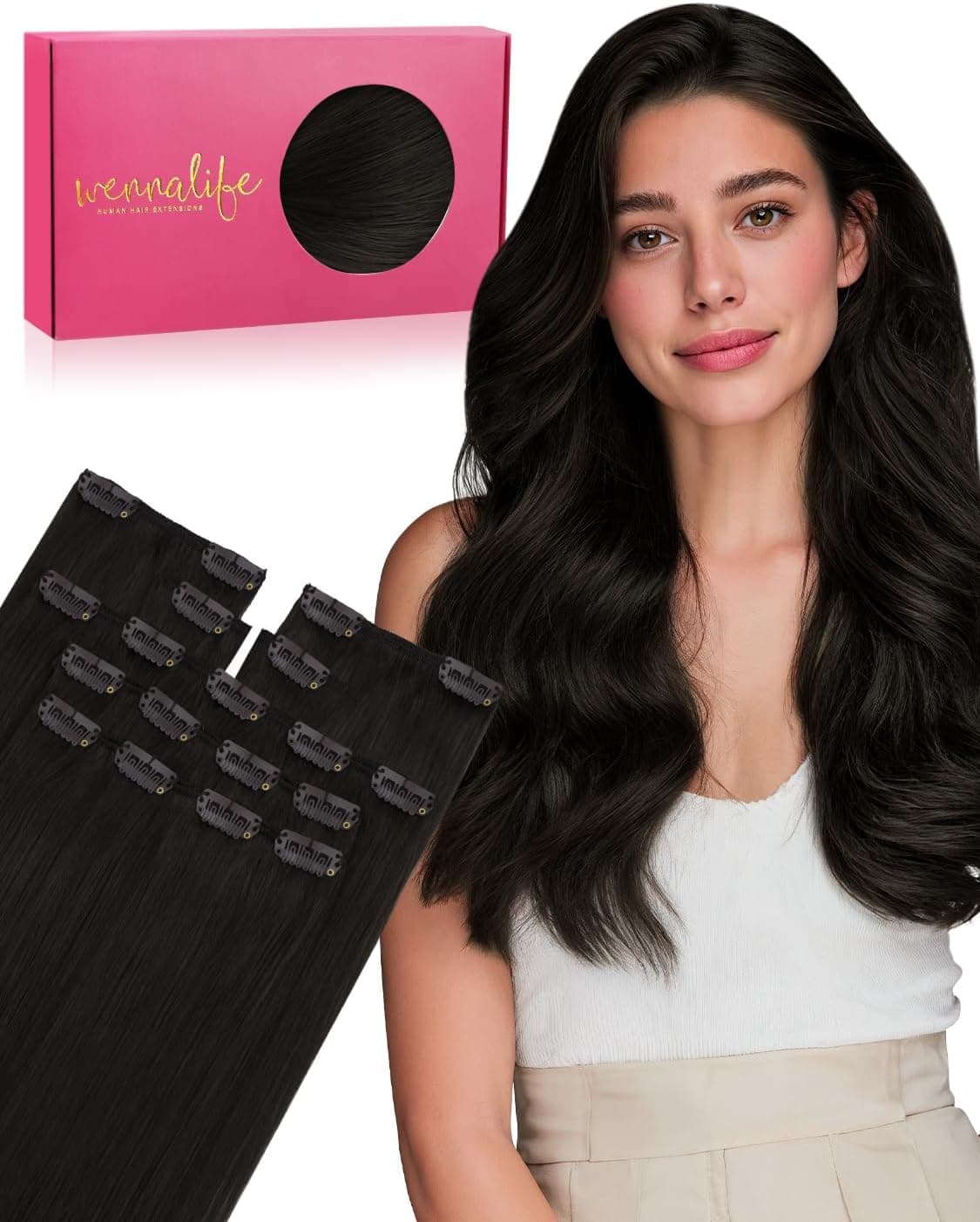 WENNALIFE Extensiones de clip de pelo real, extensiones de pelo natural en Remy, 55 g, 7 unidades, 25 cm, color negro natural