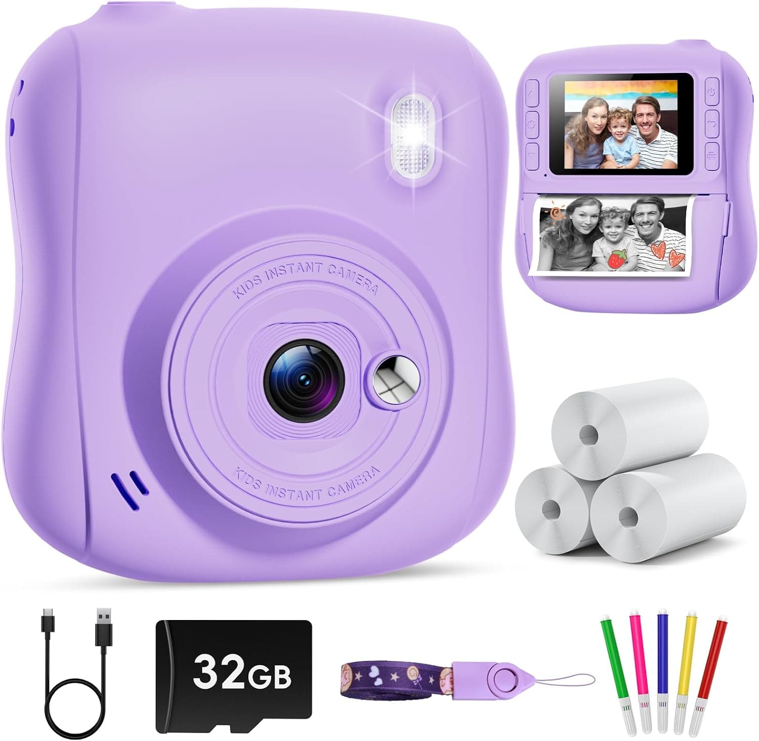 Hangrui Camara Fotos Infantil Instantanea, 1080P Camara Fotos Infantil, Cámara Instantánea para Niños con Tarjeta de 32GB,Papel de Impresión y Bolígrafos de Colores, Regalos Juguete-Púrpura