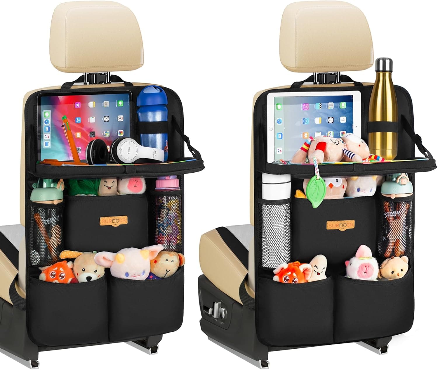 SURDOCA Organizador de asiento trasero de coche con bandeja plegable para niños y adultos – Nuevo modelo de almacenamiento de asiento con bolsillo táctil para tablet, artículos esenciales para viajes