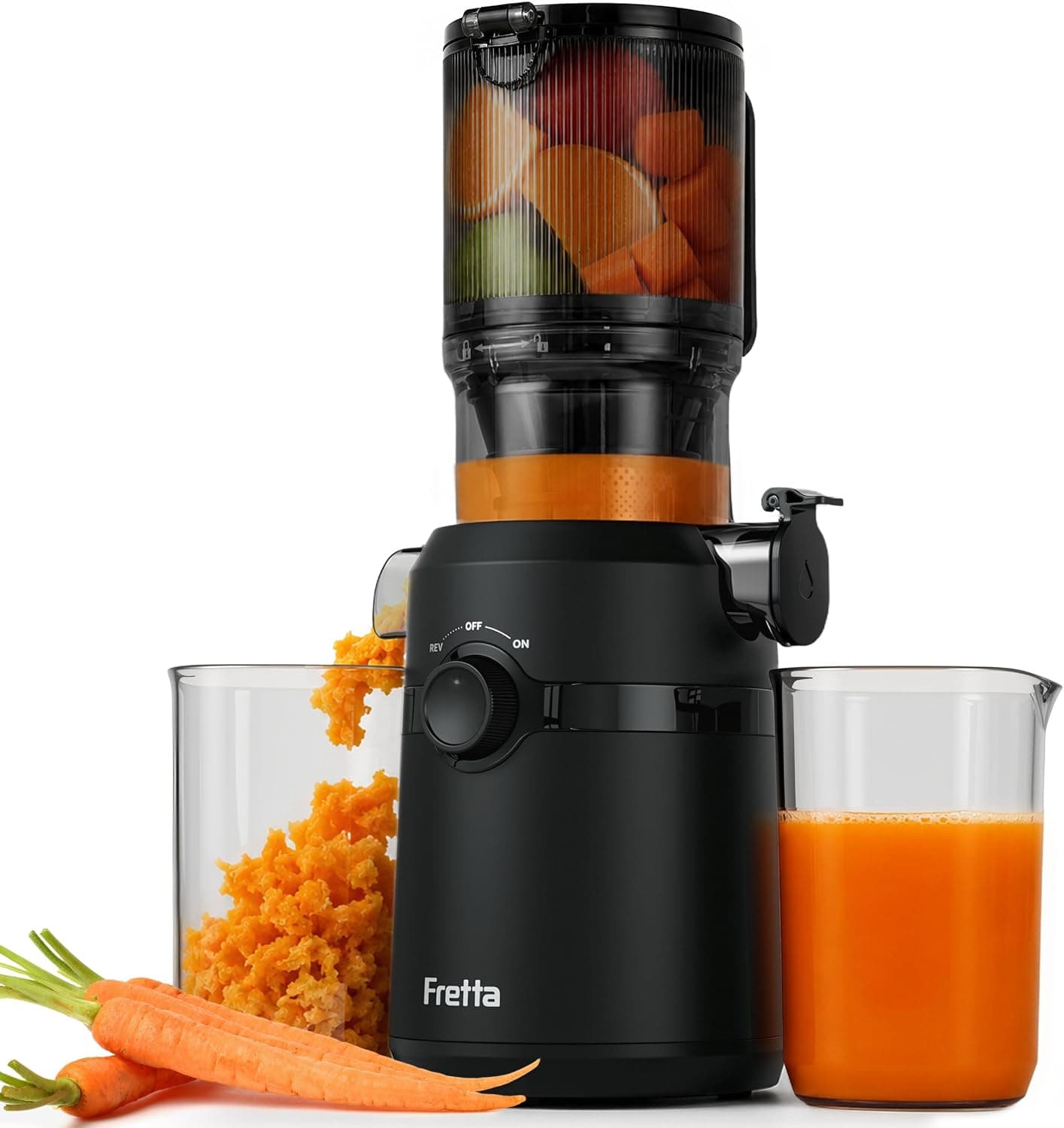 Fretta Extractor de Zumos y Verduras, Apertura de 108MM y Capacidad de 1L, Licuadora Prensado en Frio para Verduras Frutas Enteras, 200W Slow Juicer Machine, Fácil Montaje y Limpieza, Sin BPA (Negro)