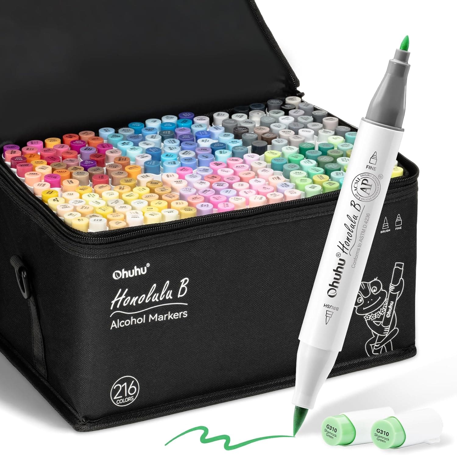 Ohuhu Rotuladores Alcohol 216 Pincel & Fino Set Arte Recargable