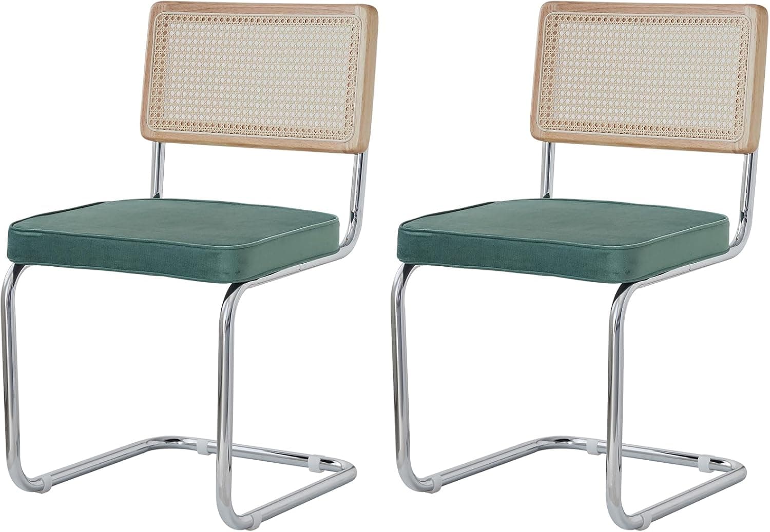 GrandCA HOME Pack de 2 Sillas de Comedor con Respaldo de Caña Natural y Base Cromada de Acero Inoxidable, Sillas de Cocina Tapizadas de Ratán,Verde