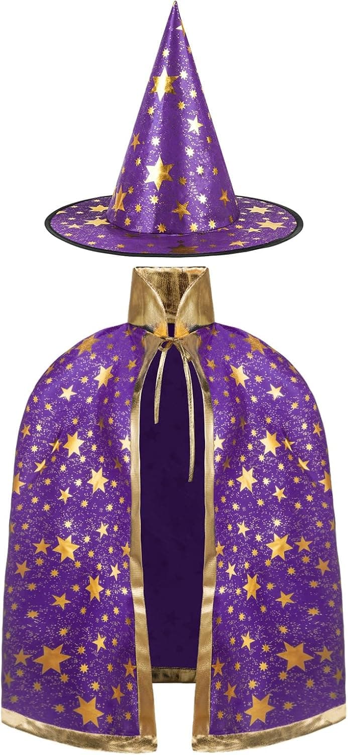 Capa de Mago de Halloween para Ninos, Capa de Mago con Sombrero Fiesta Disfraz, Capa de Mago con Sombrer, Capa y Sombrero Mago Niño, para Halloween, Cosplay, Carnaval