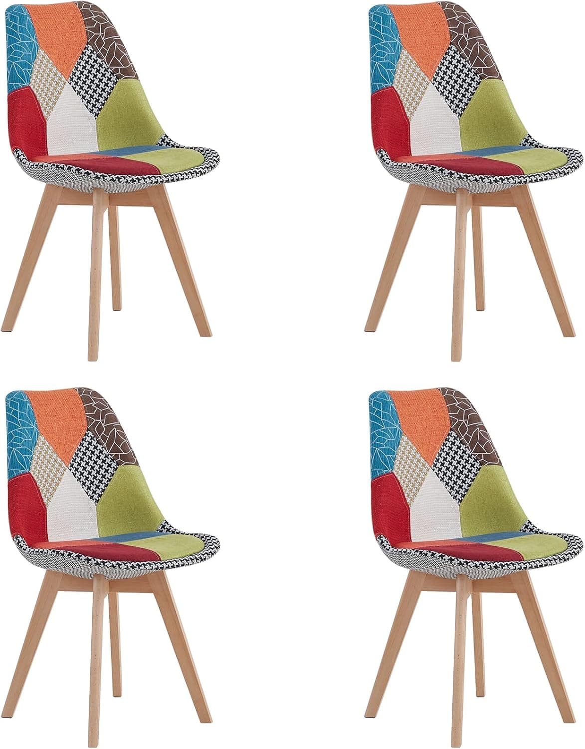 Juego de 4 Sillas de Comedor con Diseño de Patchwork con Asiento Tapizado y Patas de Madera, Ideal para Comedor, Salón, Dormitorio, etc. Rojo