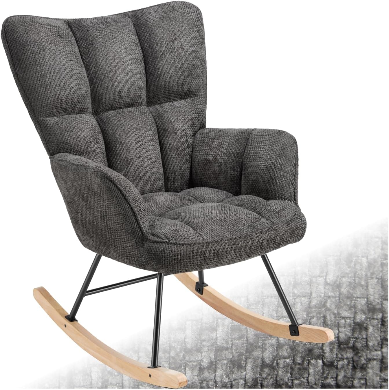tectake® Mecedora Tapizada, Silla Mecedora, Butaca de Salón Estructura Acero y Patines Madera, Silla Lectura, Sillón Lactancia, Sillón Nórdico Dormitorio, Butaca Relax - Chenilla Antracita