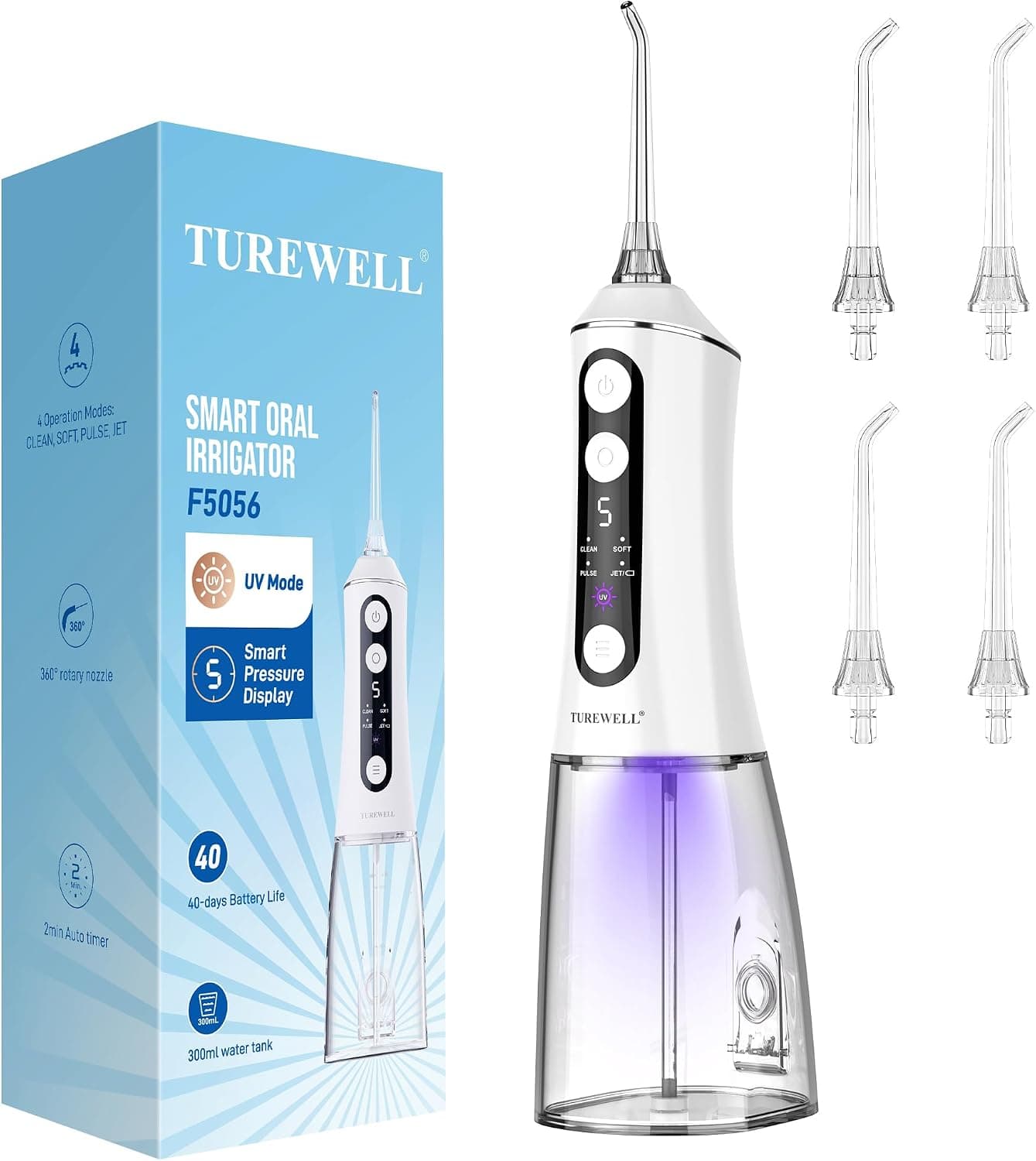 TUREWELL Irrigador Dental Bucal Portatil con Función UV para dientes