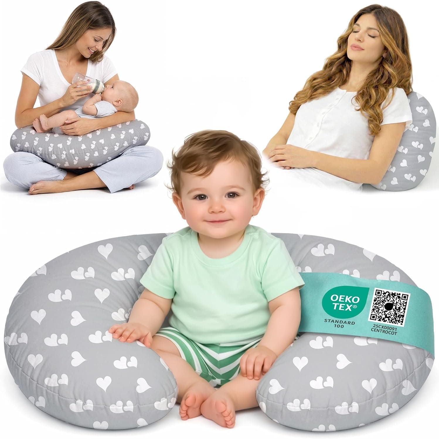 Flowen Cojín Lactancia Bebé y Almohada Embarazada Idea Regalo para Nuevas Mamás con Funda de 100% Algodón Almohada Multifuncional para Apoyo Espalda y Relleno Suave Accesorio de Maternidad