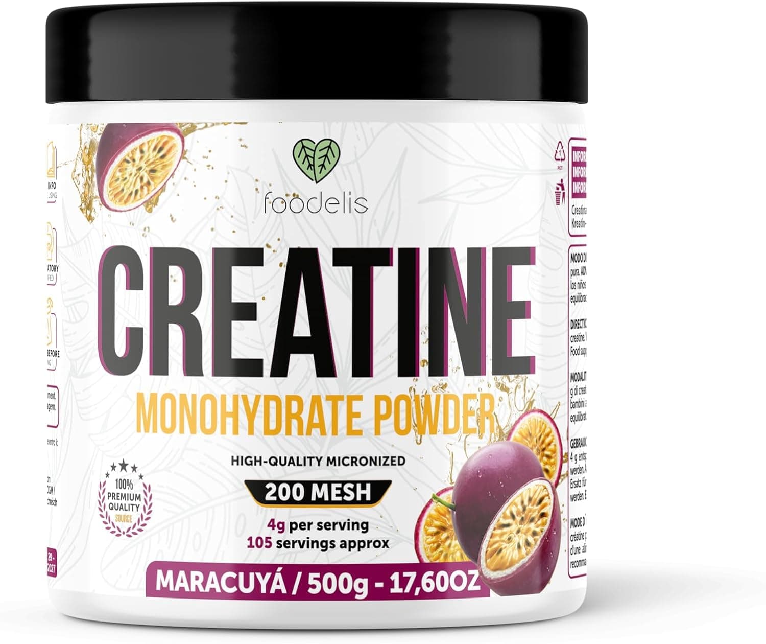 Foodelis Creatina Monohidratada en Polvo 500 g – Sabor Maracuyá – 100% Creatina Micronizada – Alta Pureza – Sin Aditivos – Vegana – Alta Solubilidad – Incluye Dosificador