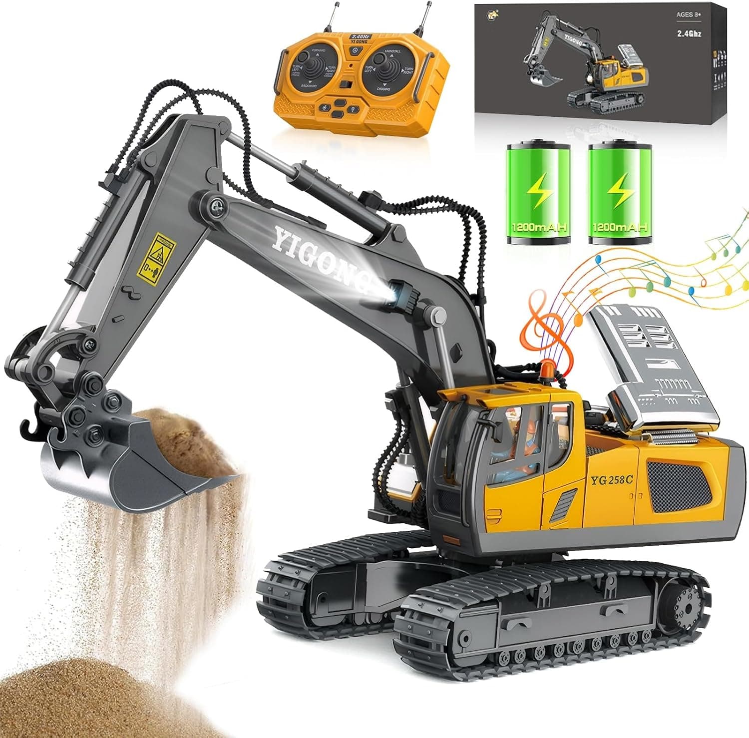Juguete Excavadora Teledirigido, Juguete para Niños y Niñas Mayores de 3 Años, Rotación de 680°, 11 Canales, RC Recargable, Sonido y Luz, Excavadora Juguete para Niños de 6-12 años (2,4 GHz)