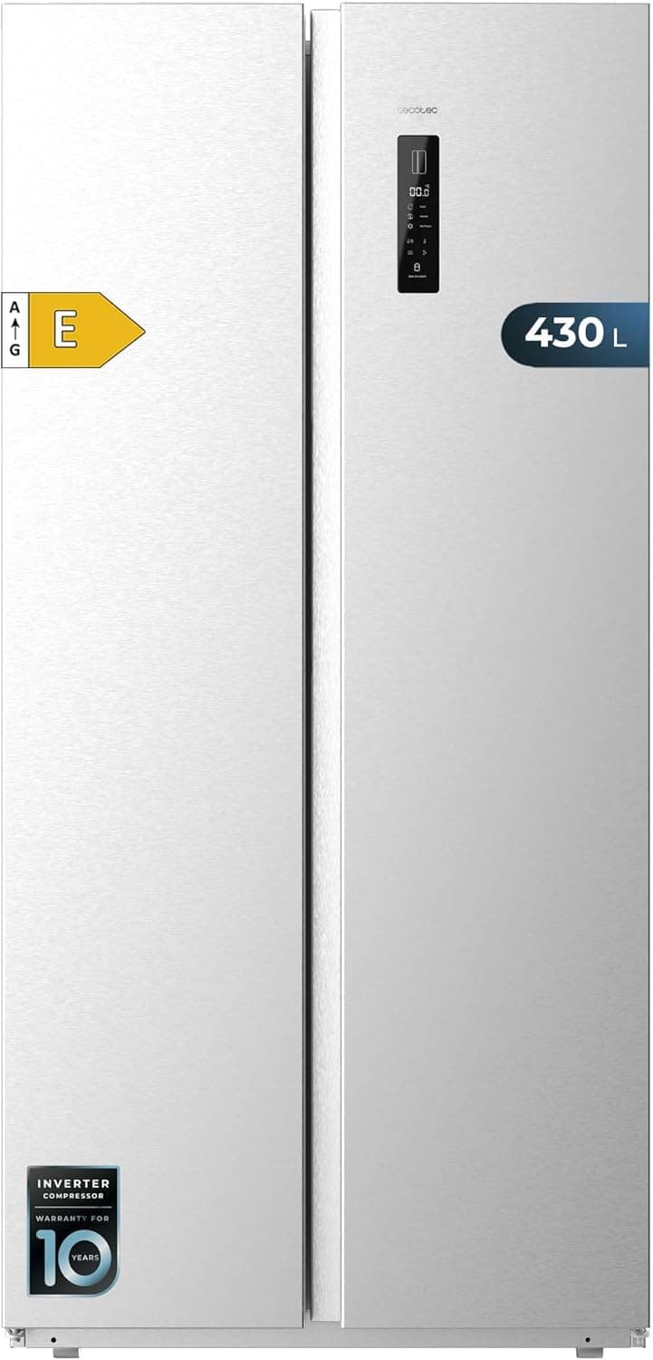 Cecotec Frigorífico Americano 2 Puertas Bolero CoolMarket SBS 430 Inox E. Side by Side de 430 L, Altura 176 cm y 84 cm Ancho, Sistema Multi Air Flow, Total No Frost, Motor Inverter Plus
