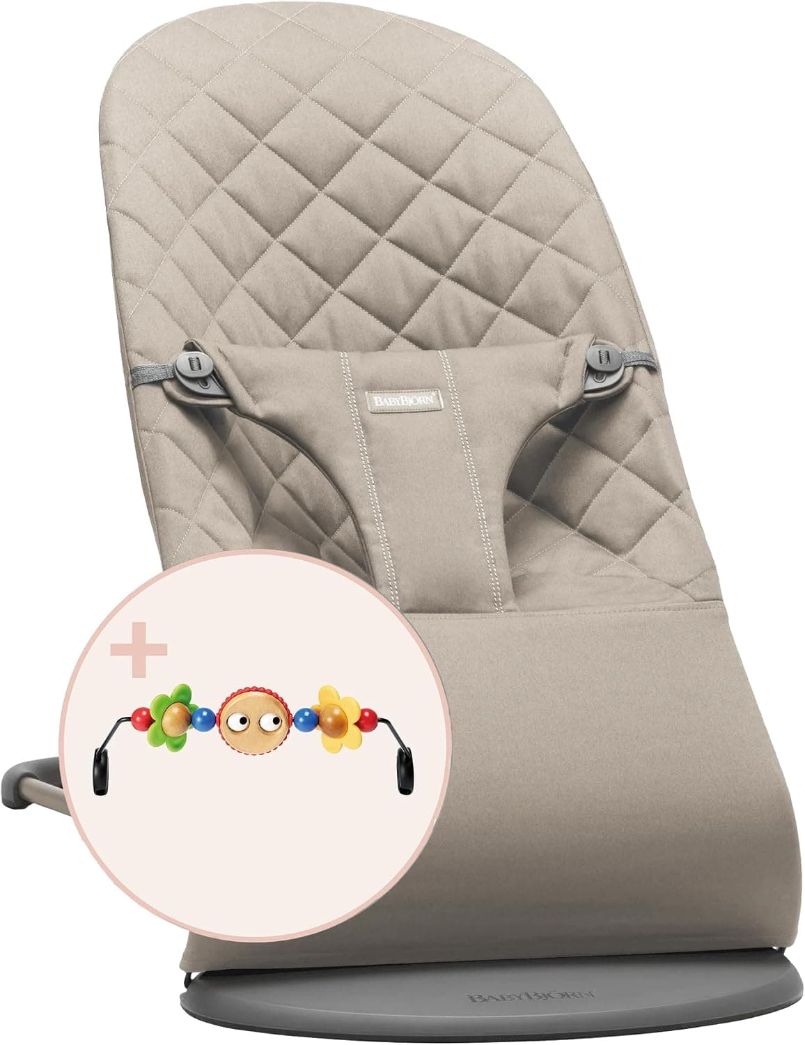 BabyBjörn Hamaca Bliss, Tejido, Acolchado Clásico, Gris arena + Juguete para Hamaca, Ojitos traviesos