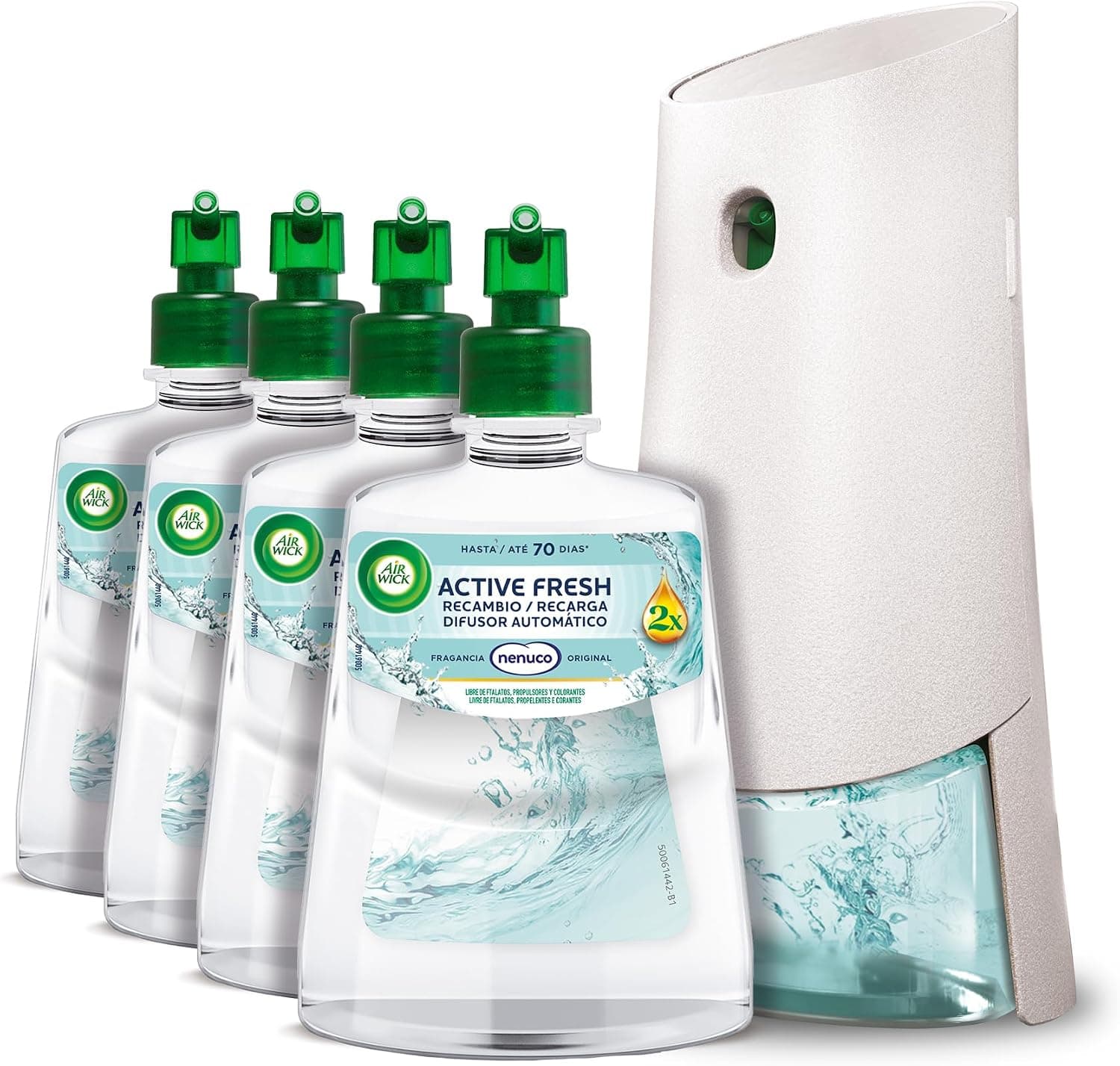 Air Wick Active Fresh - aparato y 4 recambios de ambientador automático fragancia Nenuco, infusionado con 2 veces más aceites esenciales, 280 días de frescor