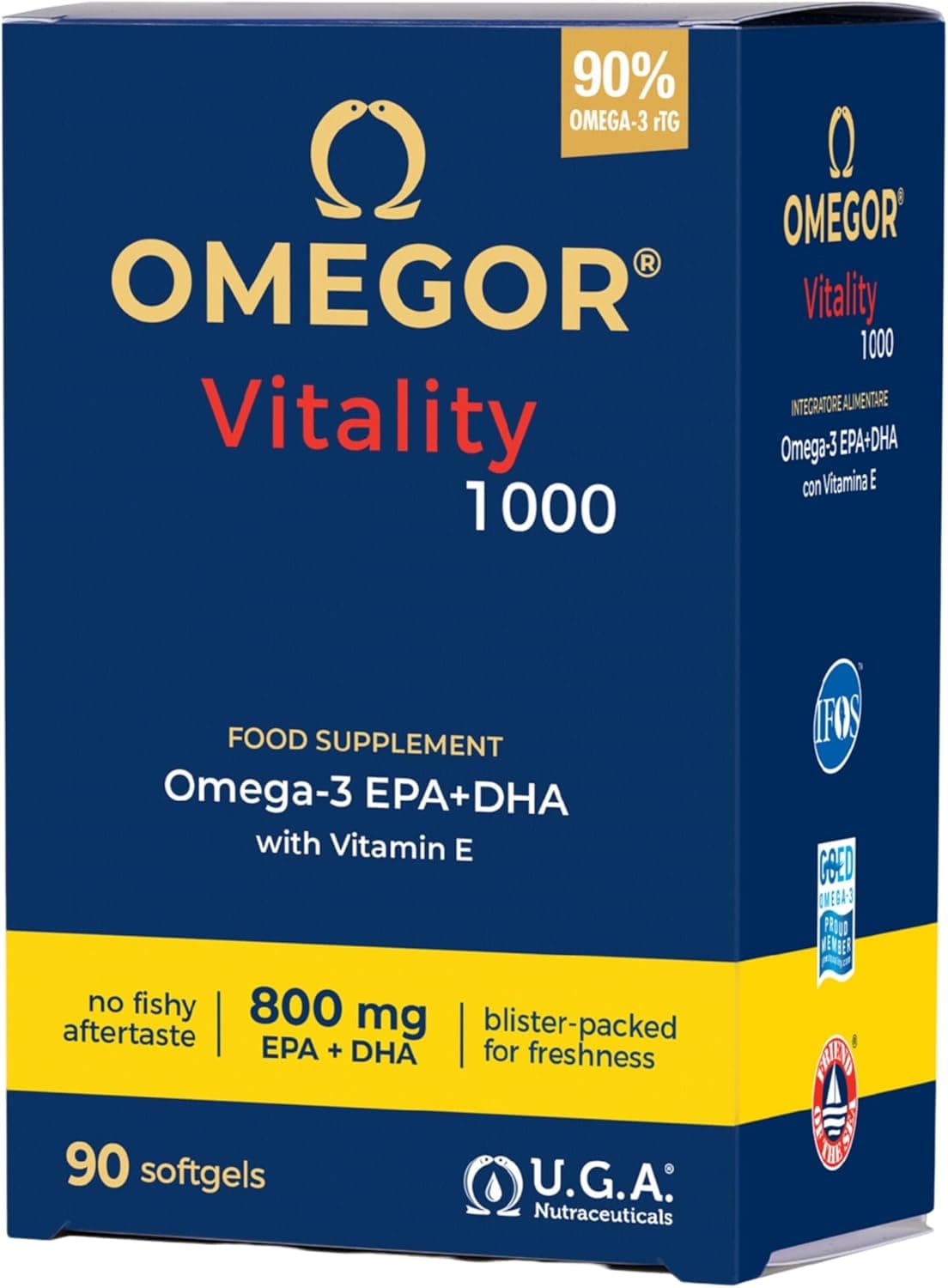 Omega 3 EPA y DHA IFOS Certificado 90 Cápsulas - OMEGOR Vitality 1000 Omega-3 Aceite de Pescado Libre de Metales Pesados y Fácil de Digerir
