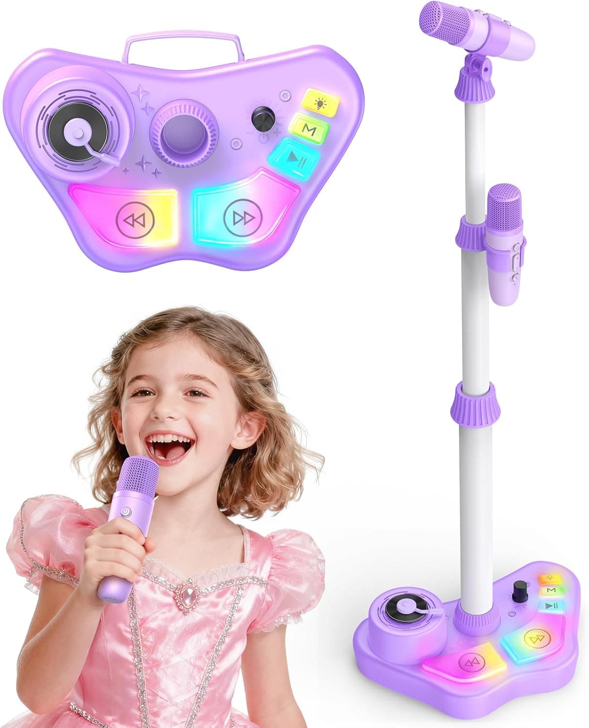Dislocati Micrófono Infantil con Soporte Ajustable, Doble Micrófono, Luces de Colores, Regalo Navidad para Niños 3+ Años, Altura 47-108 cm, Bluetooth/TF/USB/AUX (Color Púrpura)