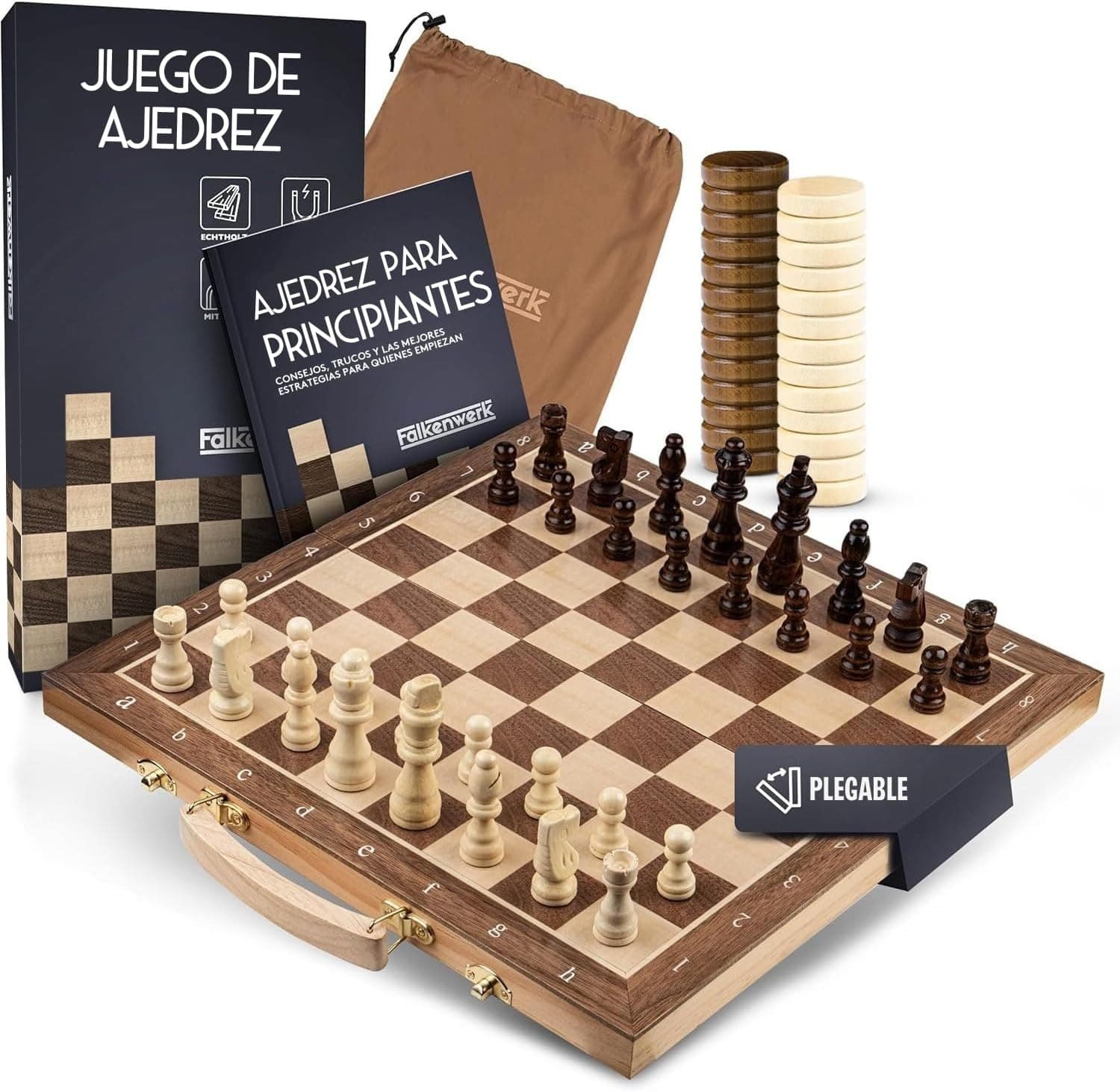 FALKENWERK Juego de ajedrez magnético de Madera [38 x 38 cm] Tablero de ajedrez Hecho a Mano de Madera auténtica Tabla de ajedrez