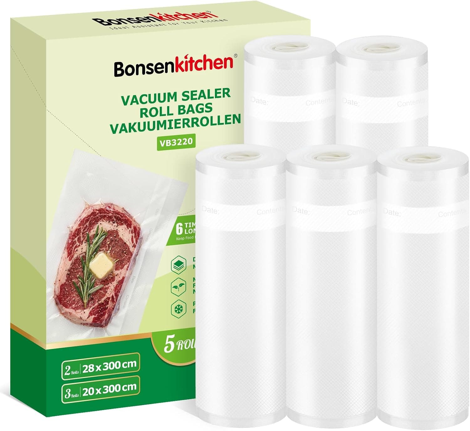 Bonsenkitchen Rollos Bolsas Vacío Alimentos 2×28cm×300cm & 3×20cm×300cm