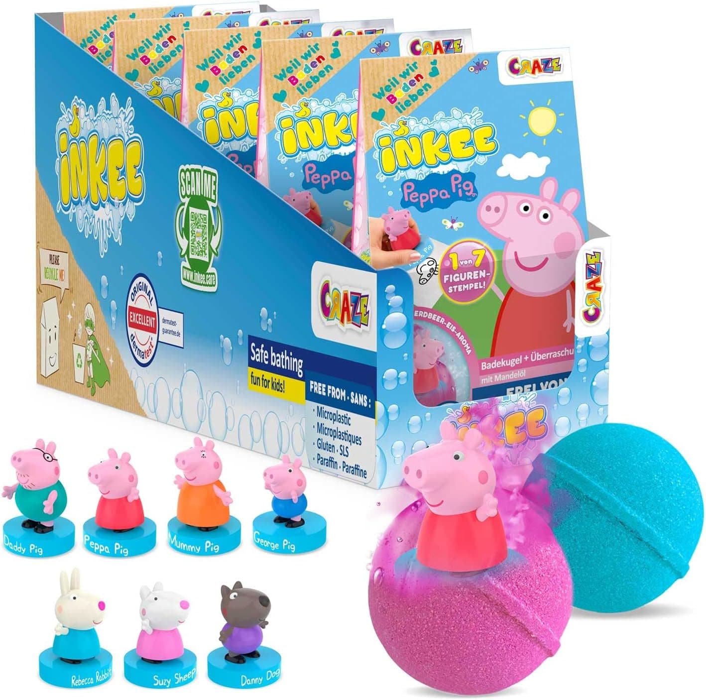INKEE SURPRISE - Set de 5 bolas de baño Peppa Pig con sorpresa, bomba de baño, juguetes Peppa Pig para la bañera, con aroma a fresa y efecto espuma