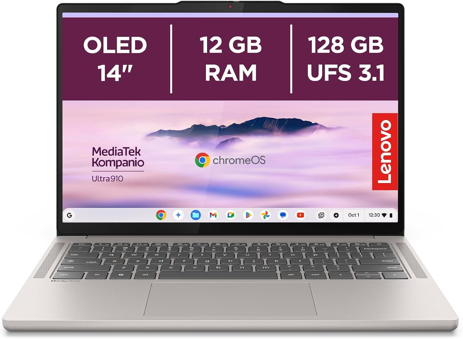 Lenovo Chromebook Plus Gen 10 - Ordenador Portátil 14'' OLED WUXGA (MediaTek Kompanio Ultra 910, 12GB RAM, 128GB UFS, ChromeOS)-Seashell+1 año de Google AI Pro con 5TB de Almacenamiento