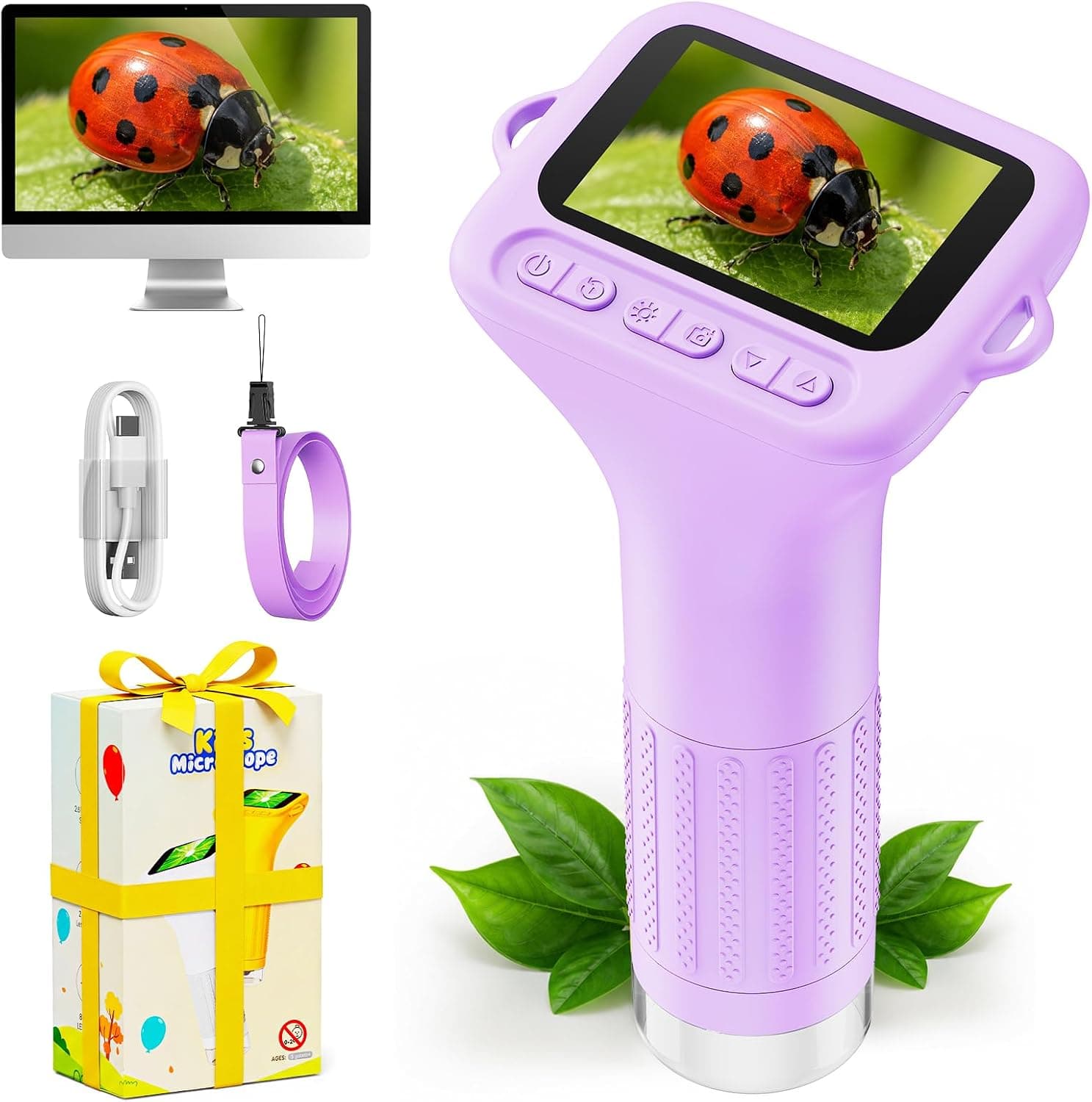 Microscopio Niños 1000X, Pantalla IPS 2", Foto y Vídeo (Morado)