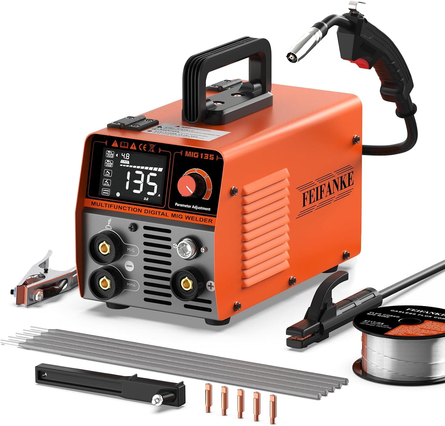 FEIFANKE 135A 230V Soldador Hilo Continuo Sin Gas 3 en 1 Portátil Máquina de Soldar MIG con IGBT Inversor Soldadora MIG, Pantalla LED, Alambre de 1.0mm