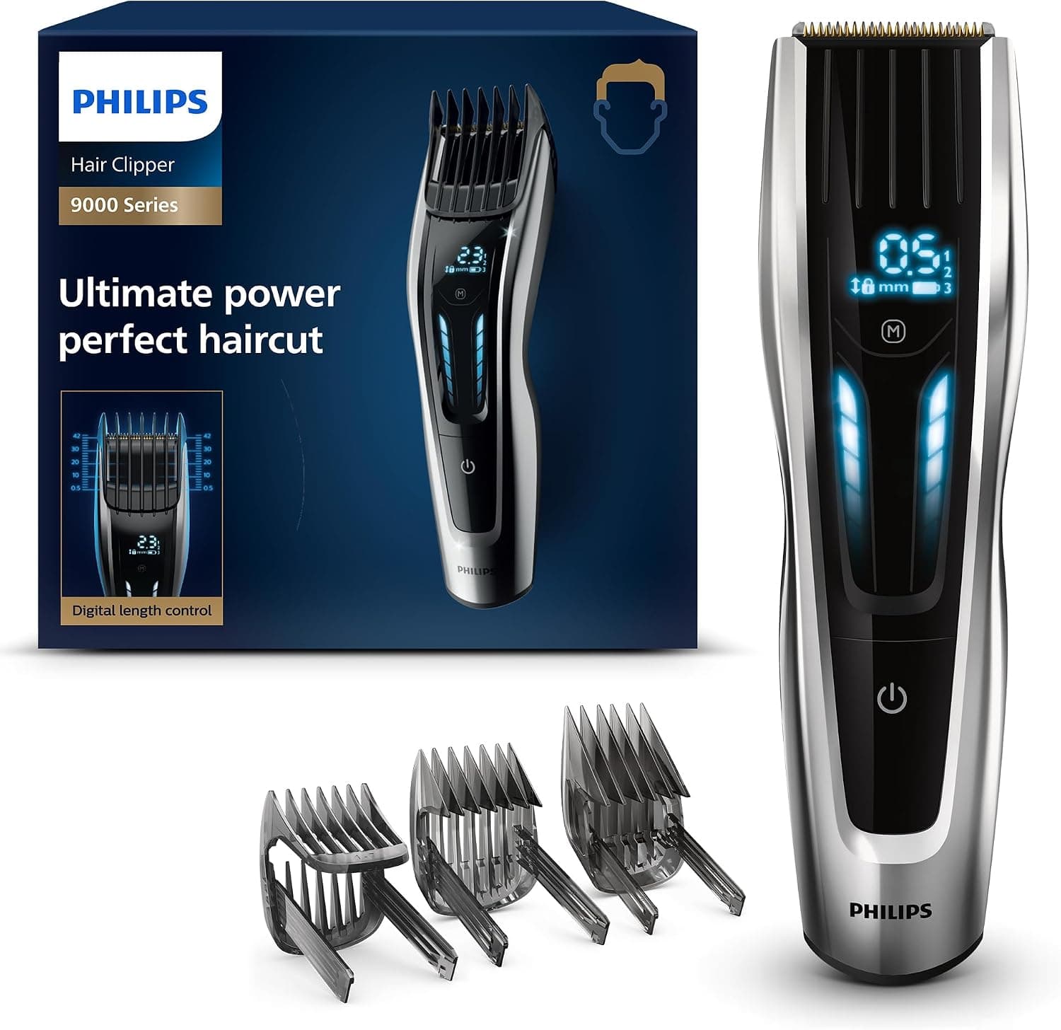 Cortapelos serie 9000 de Philips, afeitadora eléctrica y recortador para hombres, control táctil digital, potencia máxima, corte de pelo perfecto, cuchillas de titanio, 400 posiciones de longitud, 120 min. de uso sin cable, modelo HC9450/15