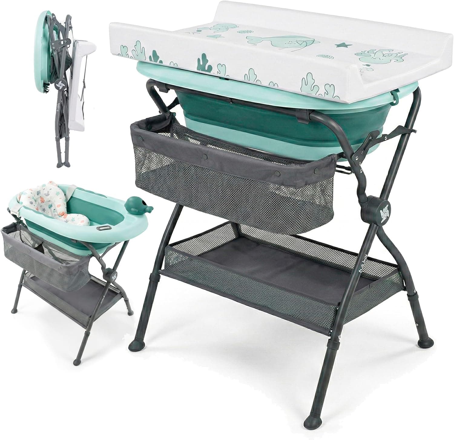 Twinly Bubbly Bañera Cambiador Plegable para Bebé 2 en 1 Ergonómica, Verde