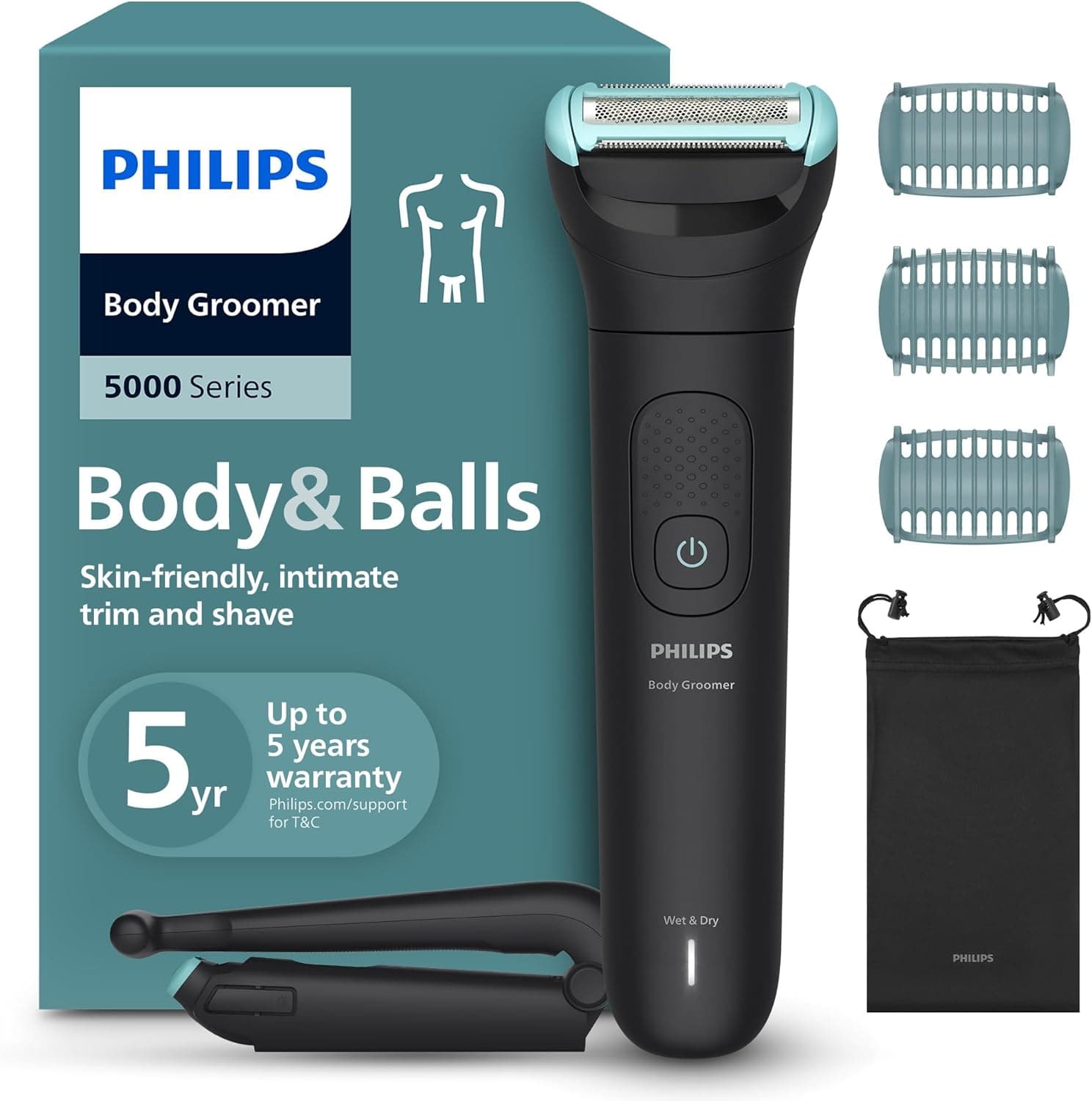 Philips Afeitadora Corporal Series 5000 - Depiladora Masculina con sistema de protección, Recorta y depila las zonas íntimas y la espalda, 100% impermeable, 100 min de autonomía, BG5480/15.