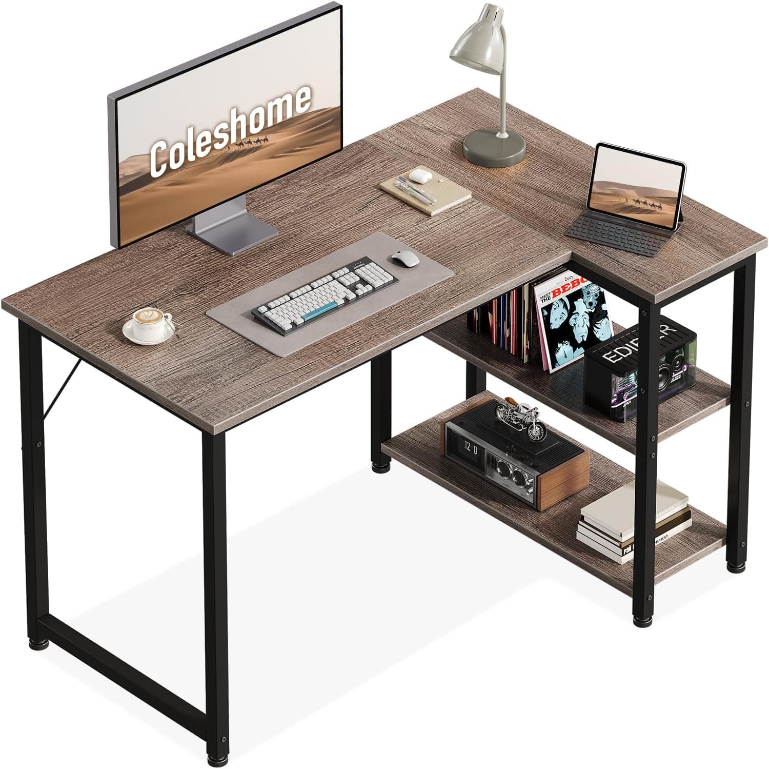 Coleshome Escritorio Esquinero, Mesa en L con Estantes, 100x70cm, Gris