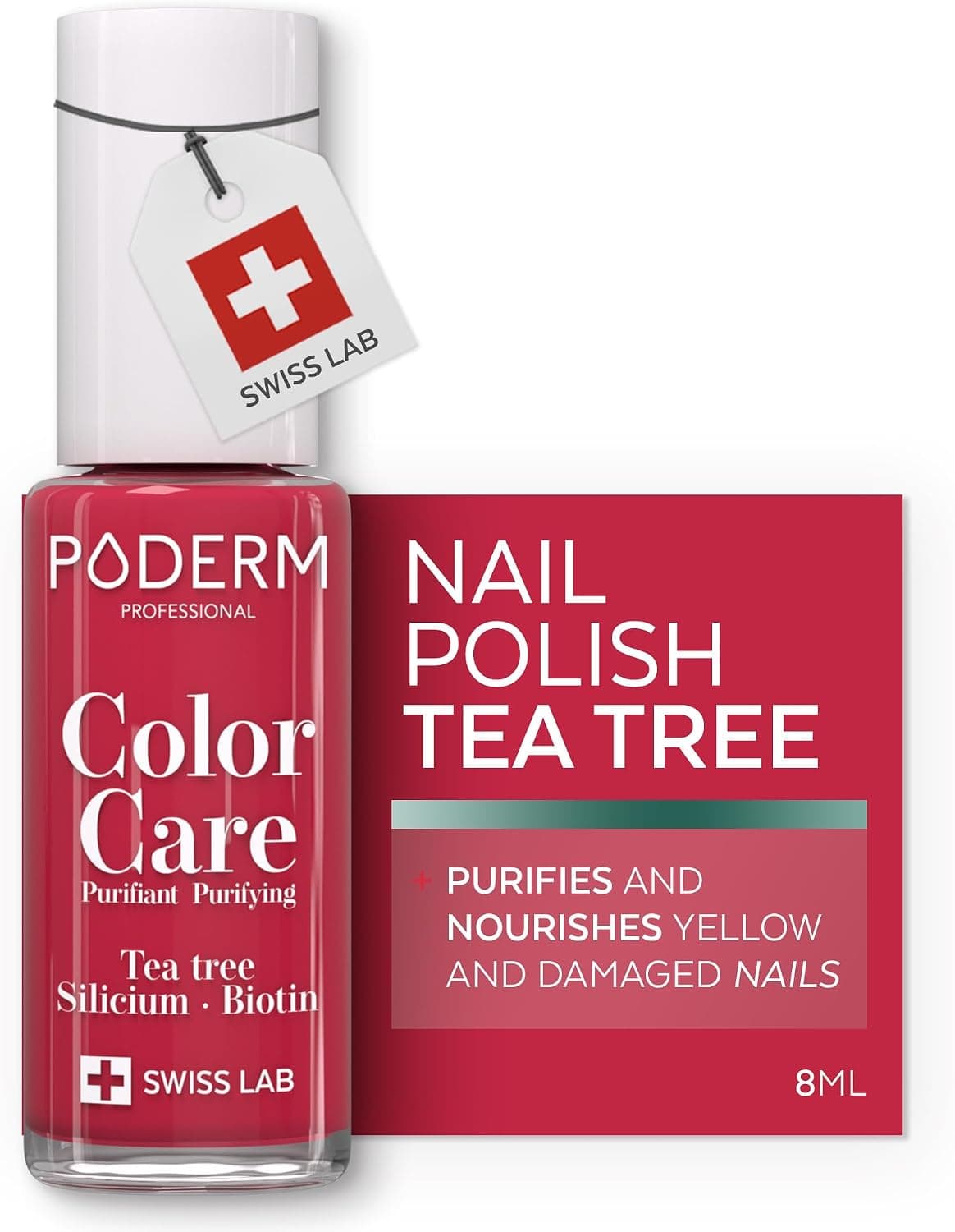 PODERM Esmalte de Uñas con Tea Tree - Rojo Rosa | 8 ML - Swiss Lab